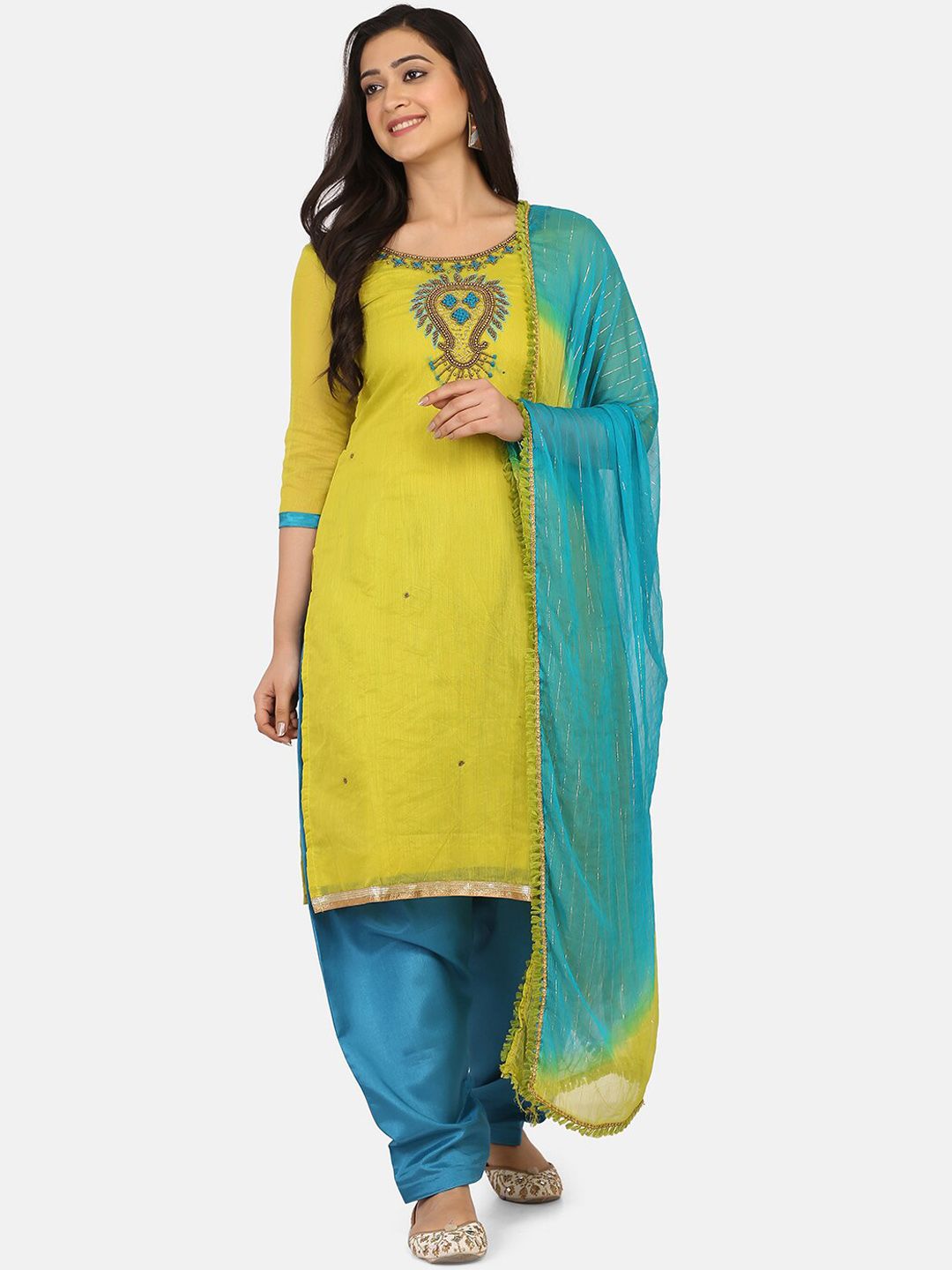 Shaily Green & Blue Cotton Blend Embroidered Unstitched Dress Material Price in India