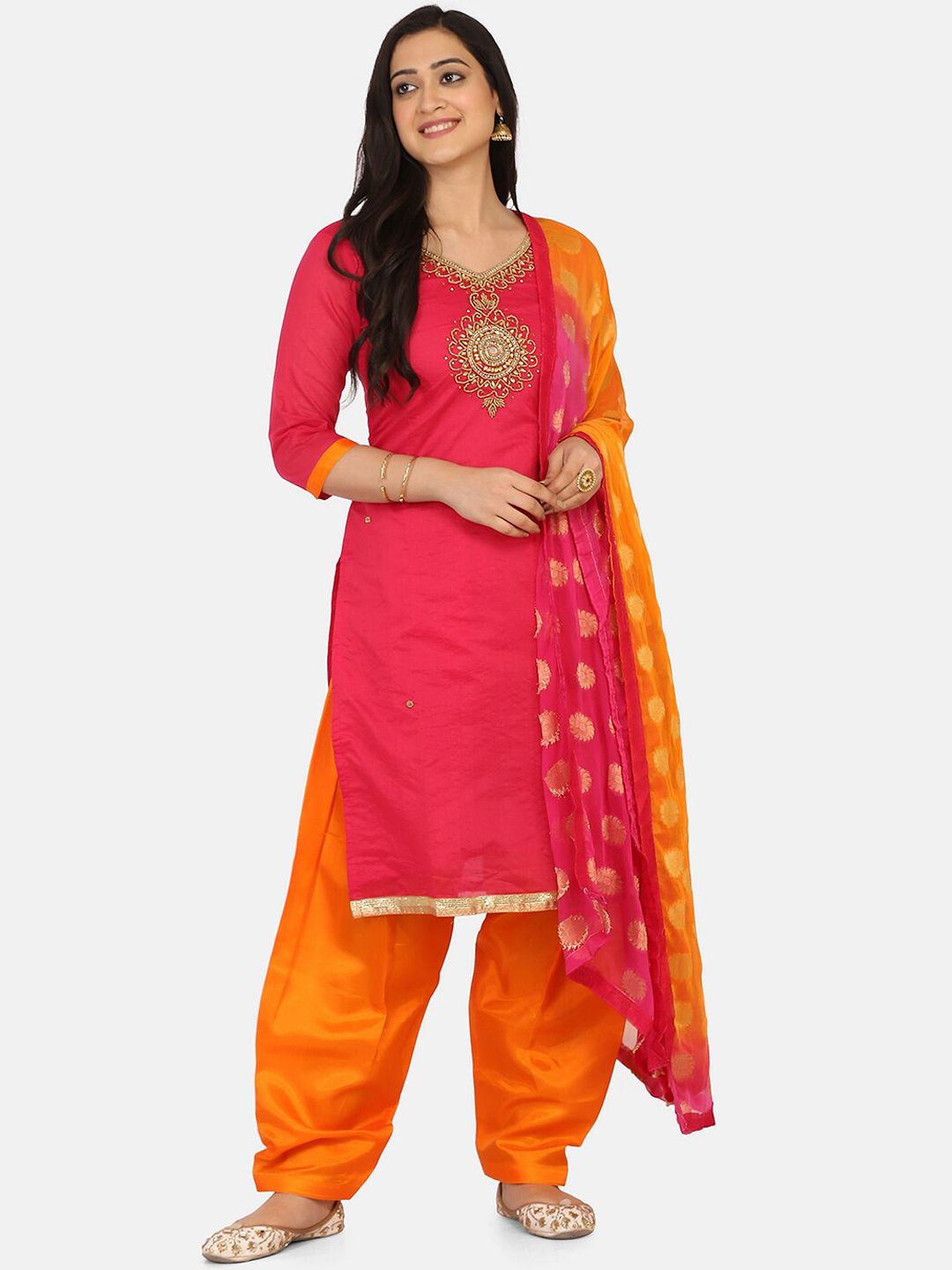 Shaily Pink & Orange Cotton Blend Unstitched Dress Material Price in India