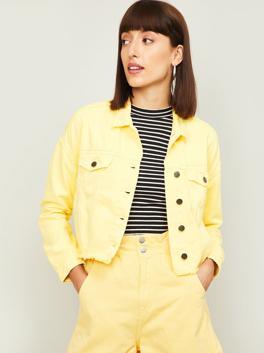 Ginger by Lifestyle Women Yellow Printed Denim Jacket Price in India