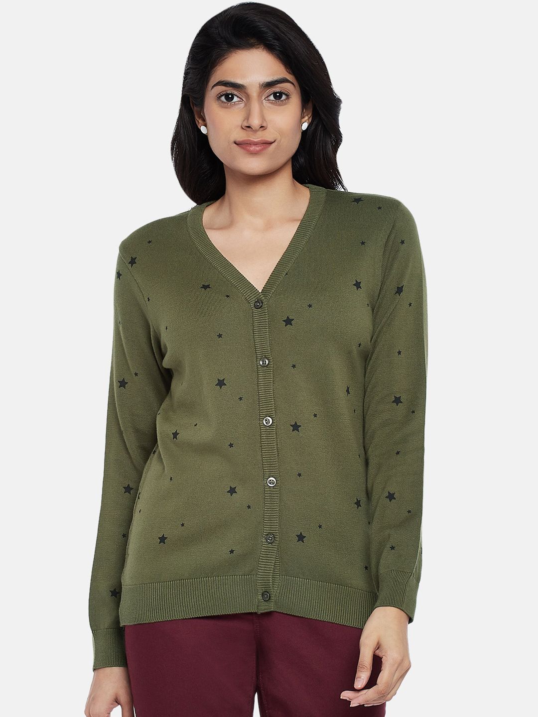 Honey by Pantaloons Women Olive Green Printed Cardigan Sweater Price in India