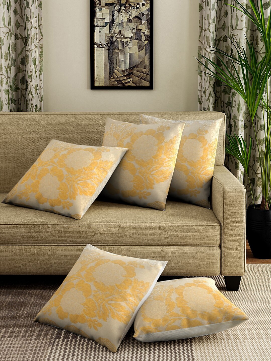 HOSTA HOMES Cream-Coloured & Yellow Set of 5 Square Velvet Cushion Covers Price in India