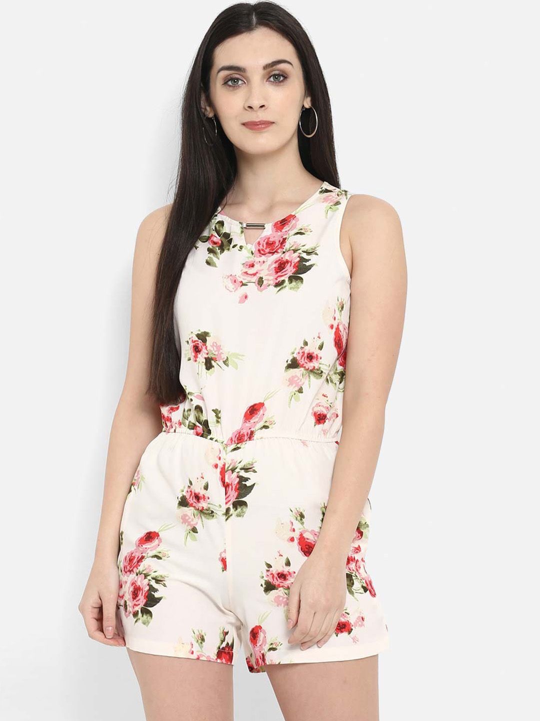 PURYS Women Off-White & Green Printed Playsuit Price in India