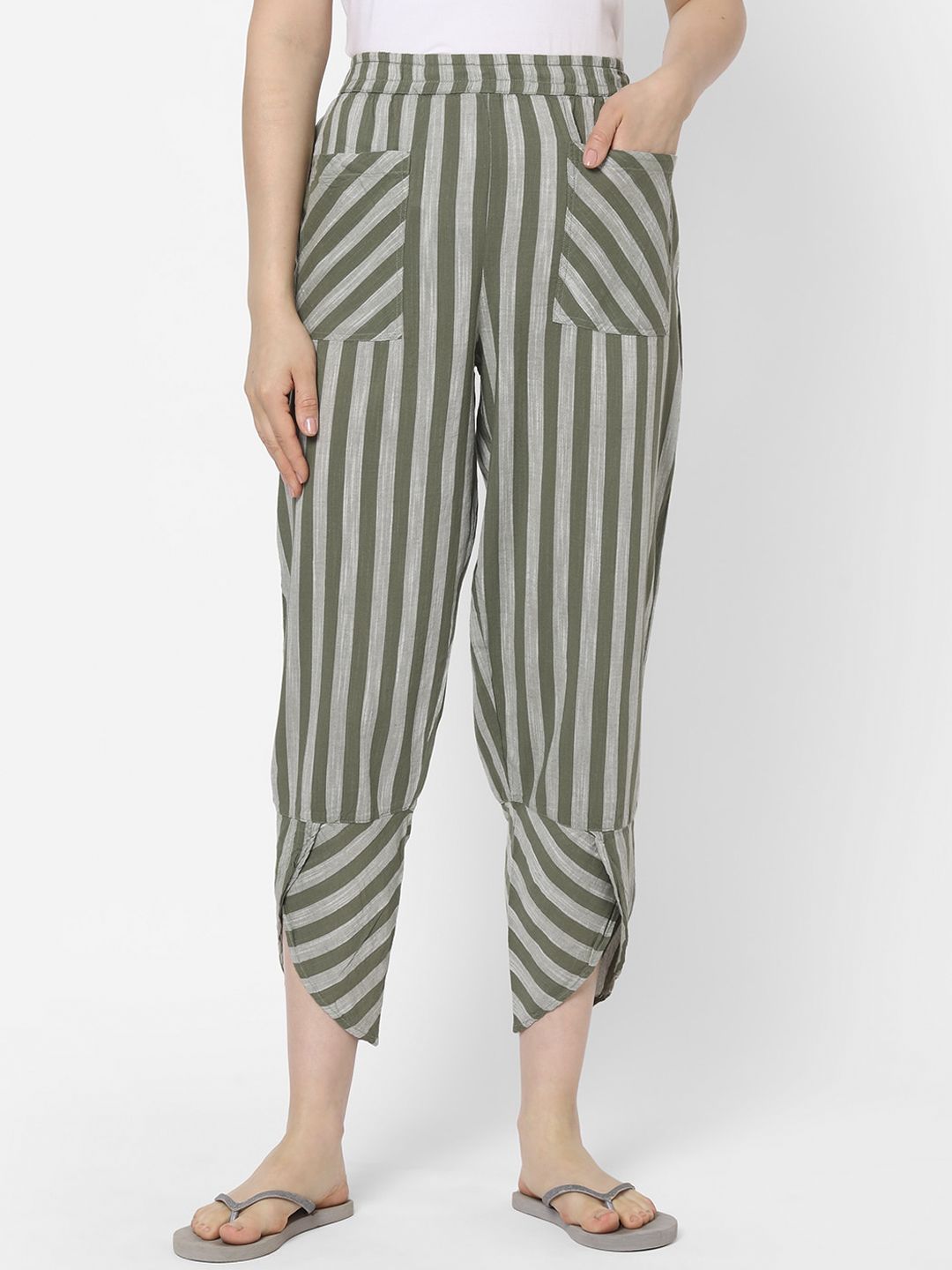 Mystere Paris Women Green & Grey Striped Lounge Pants Price in India