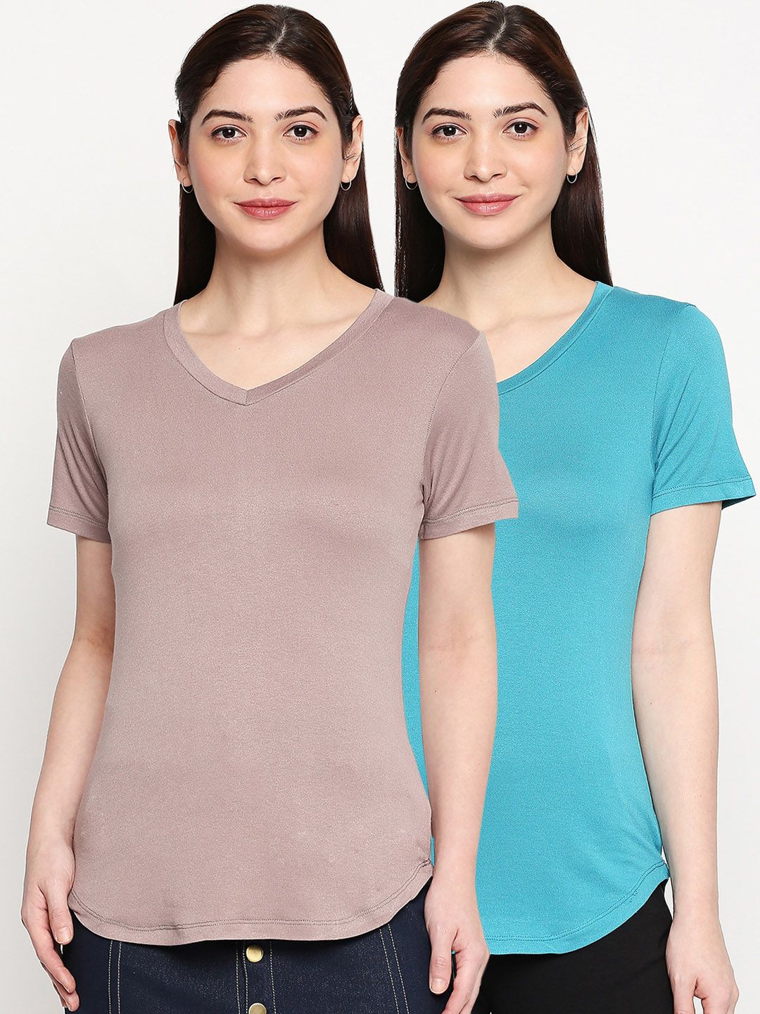 inocenCia Women Taupe Solid V-Neck T-shirt