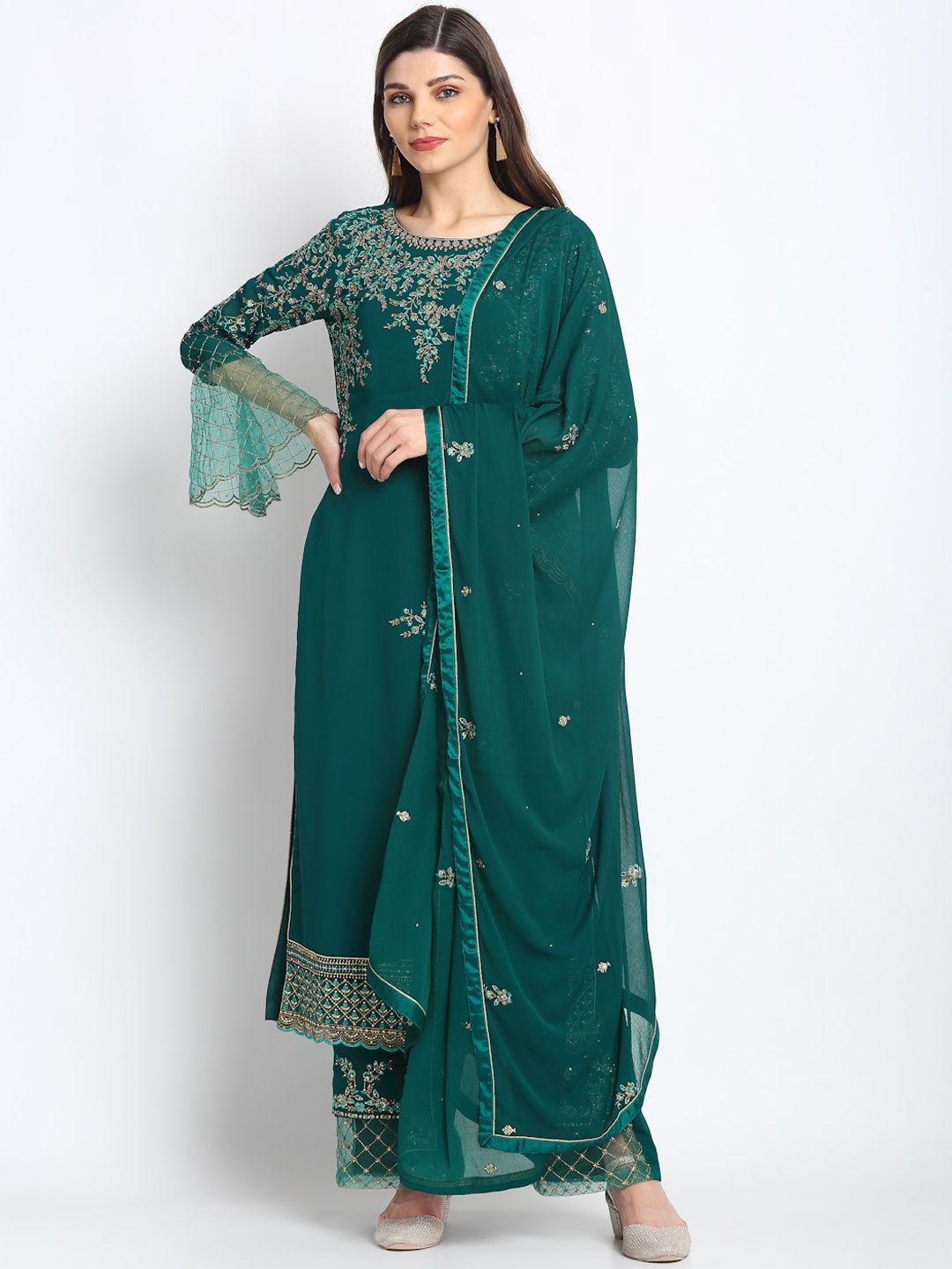 Stylee LIFESTYLE Teal & Gold-Toned Poly Georgette Semi-Stitched Dress Material Price in India