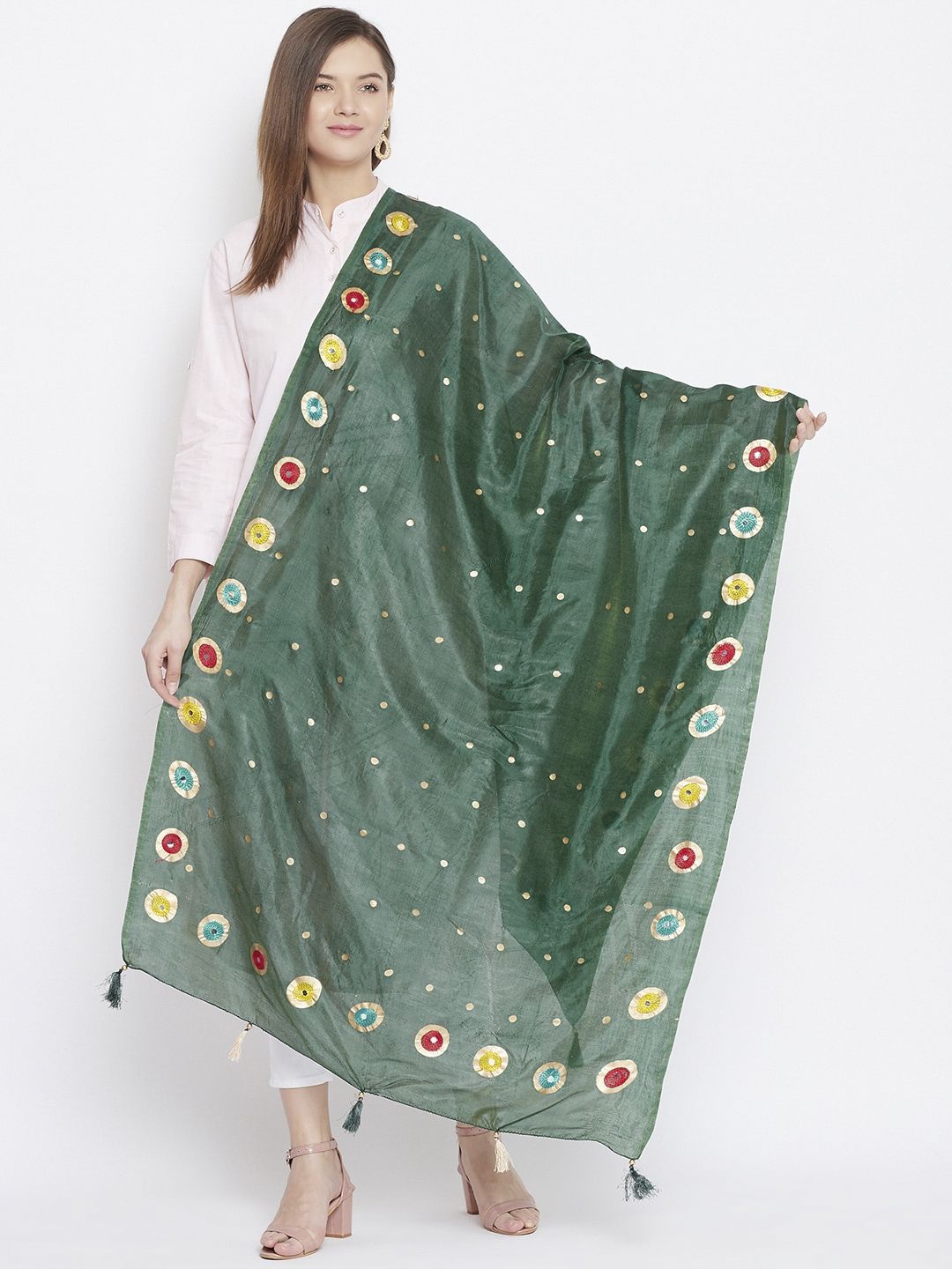 Clora Creation Green & Golden Embroidered Dupatta Price in India