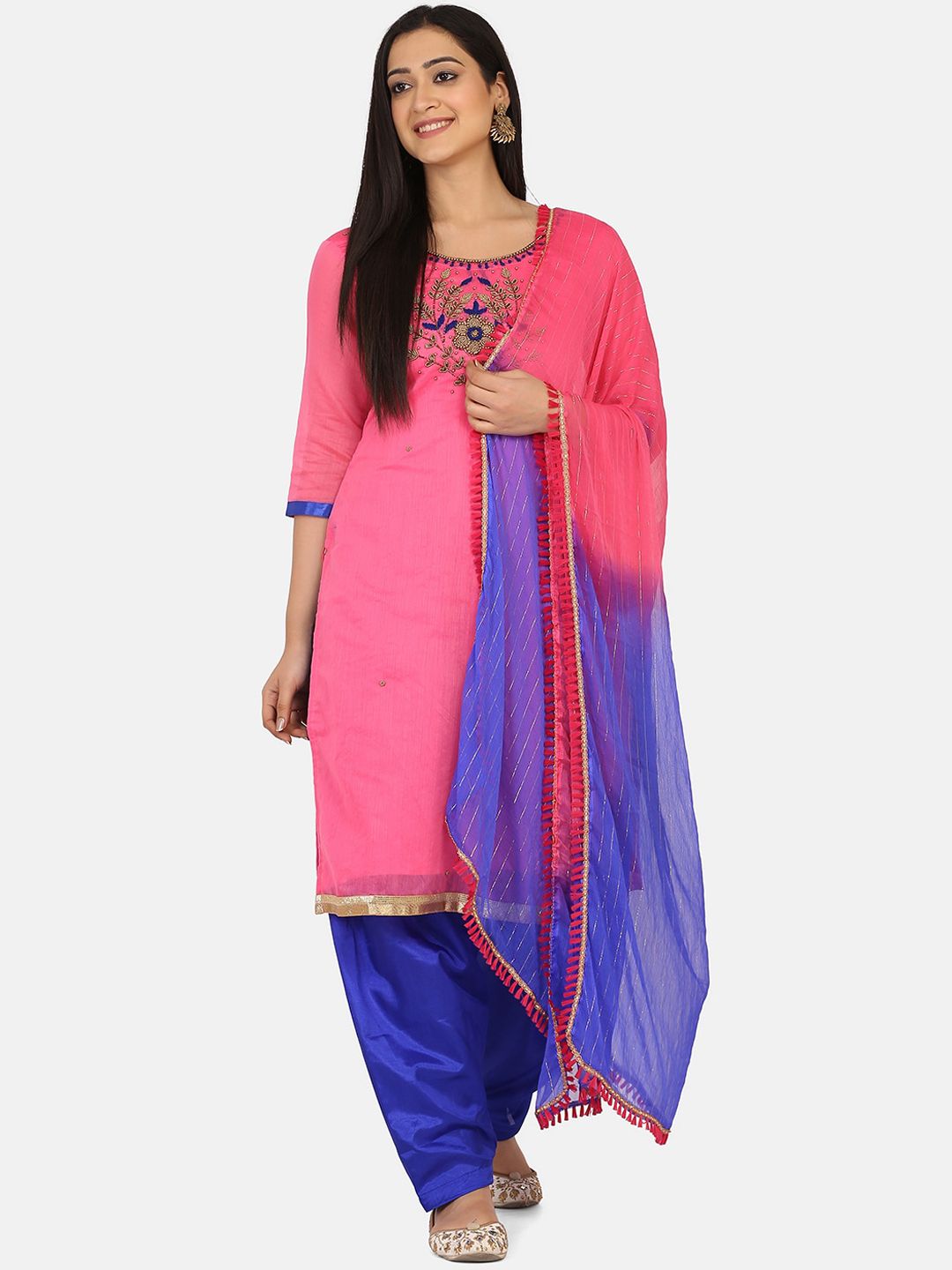 Shaily Pink & Blue Cotton Blend Unstitched Dress Material Price in India