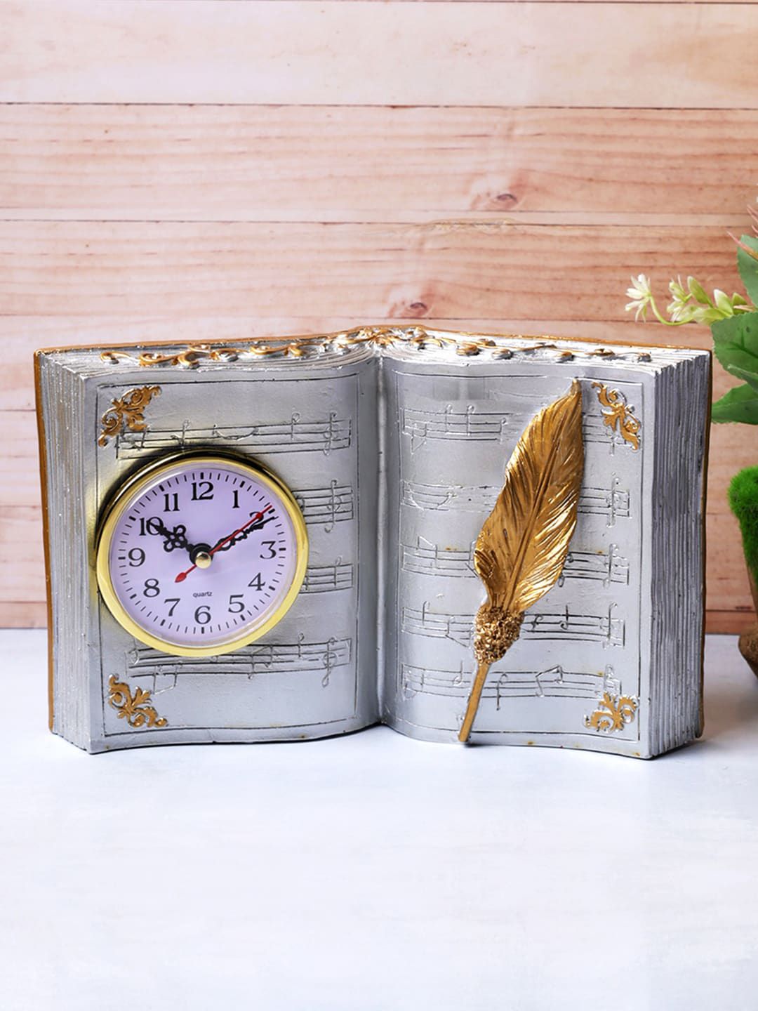 A Vintage Affair- Home Decor Silver & Golden Book Theme Tabletop Clock Showpiece Price in India