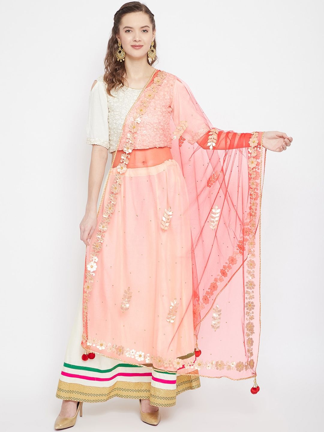 Clora Creation Red & Golden Embroidered Dupatta Price in India