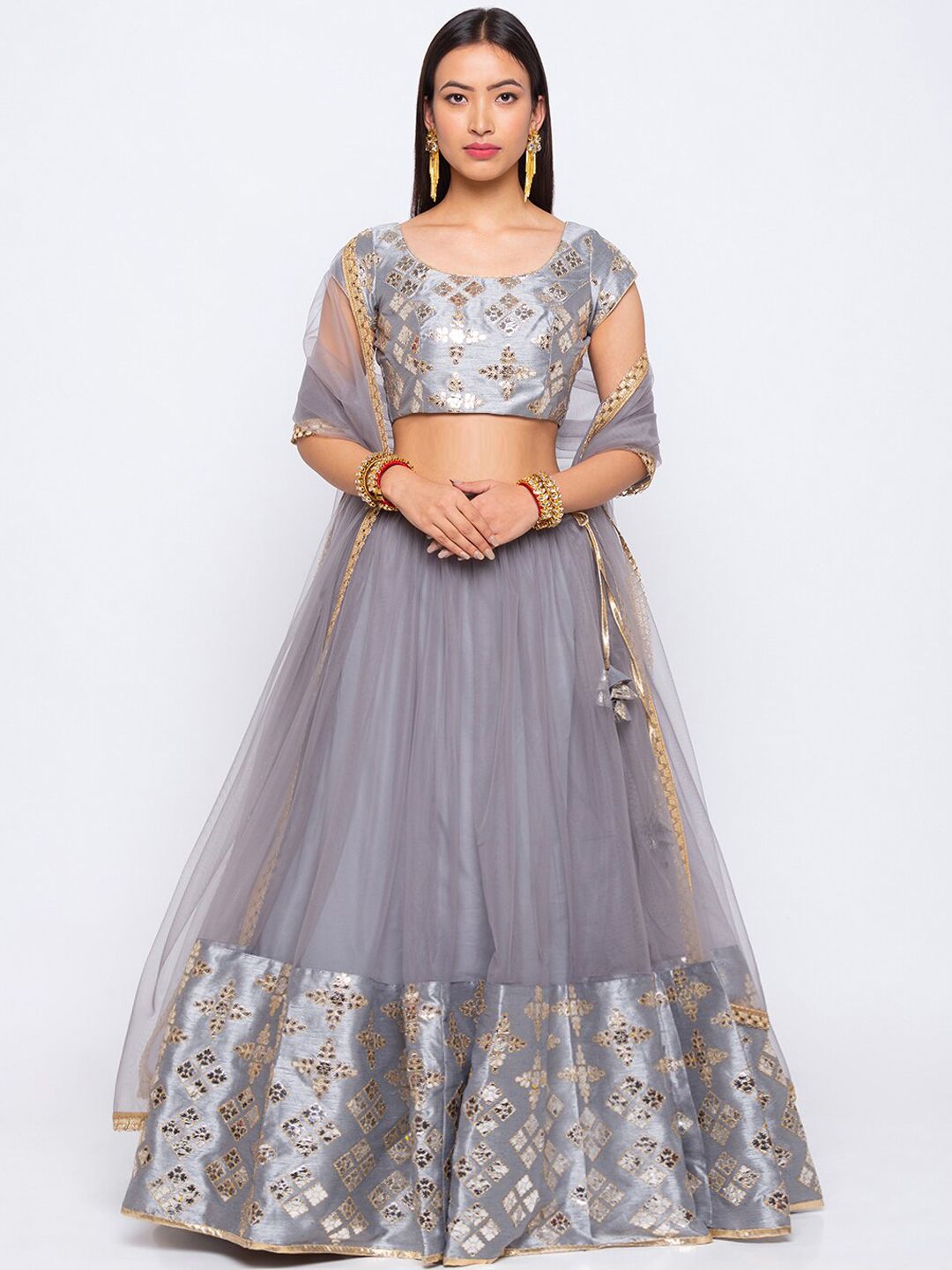 6Y COLLECTIVE Grey & Gold-Toned Embroidered Semi-Stitched Lehenga & Unstitched Blouse with Dupatta