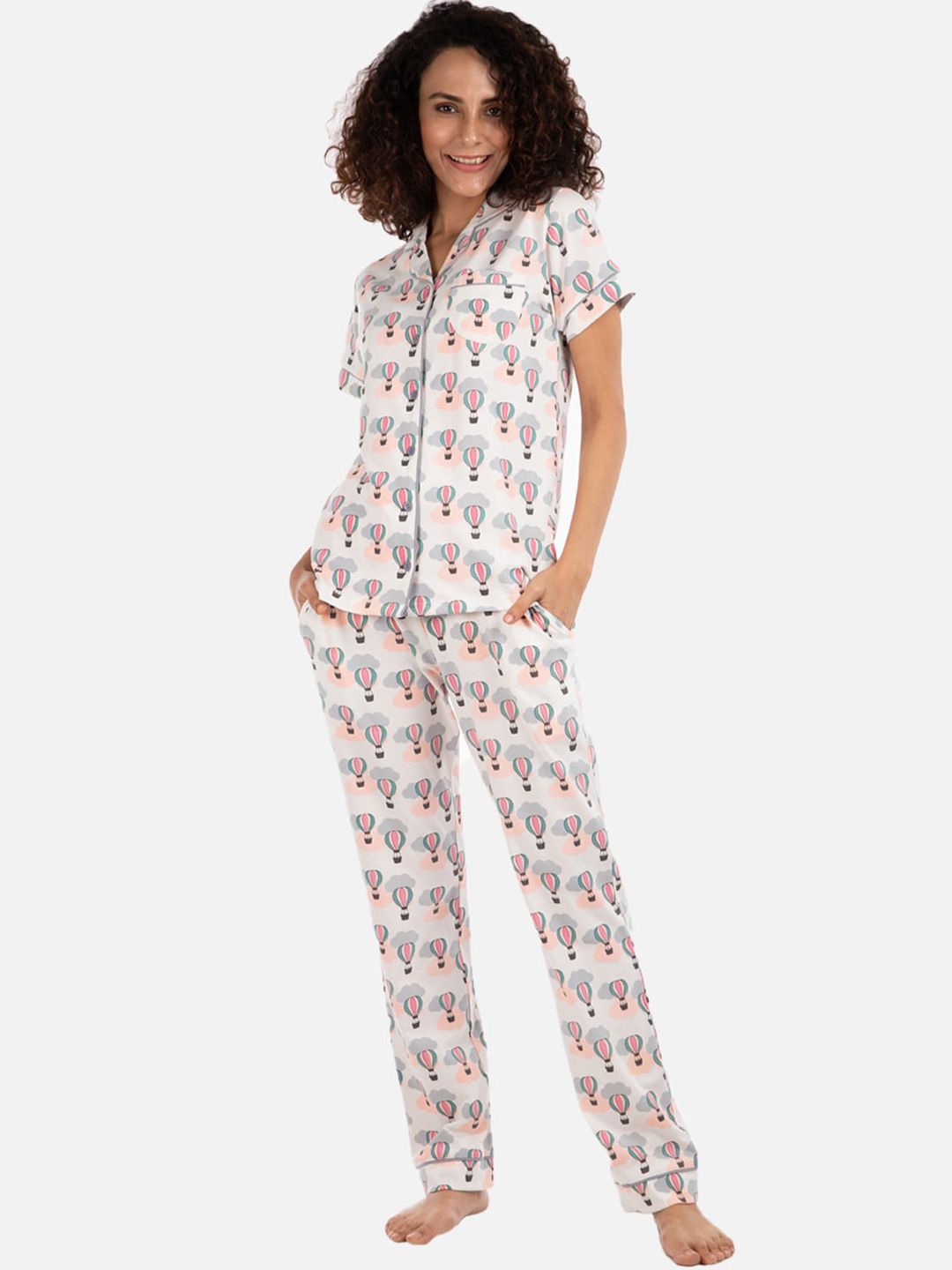 Nite Flite Women Off-White & Pink Printed Night suit Price in India