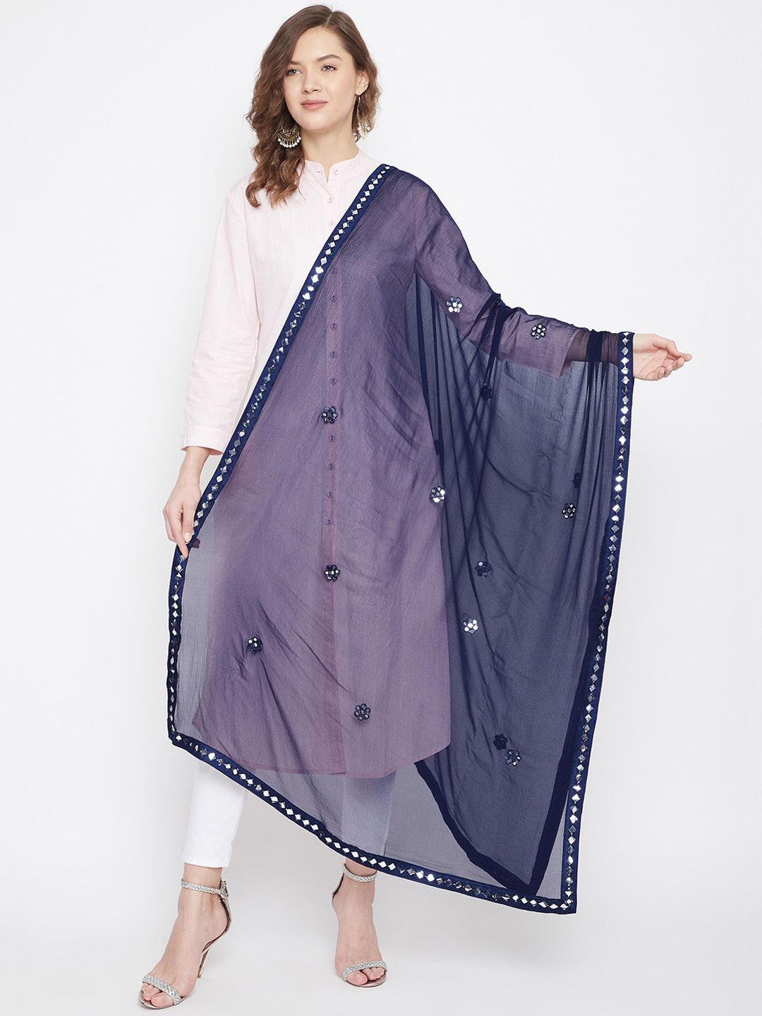 Clora Creation Navy Blue & Silver-Toned Solid Dupatta Price in India