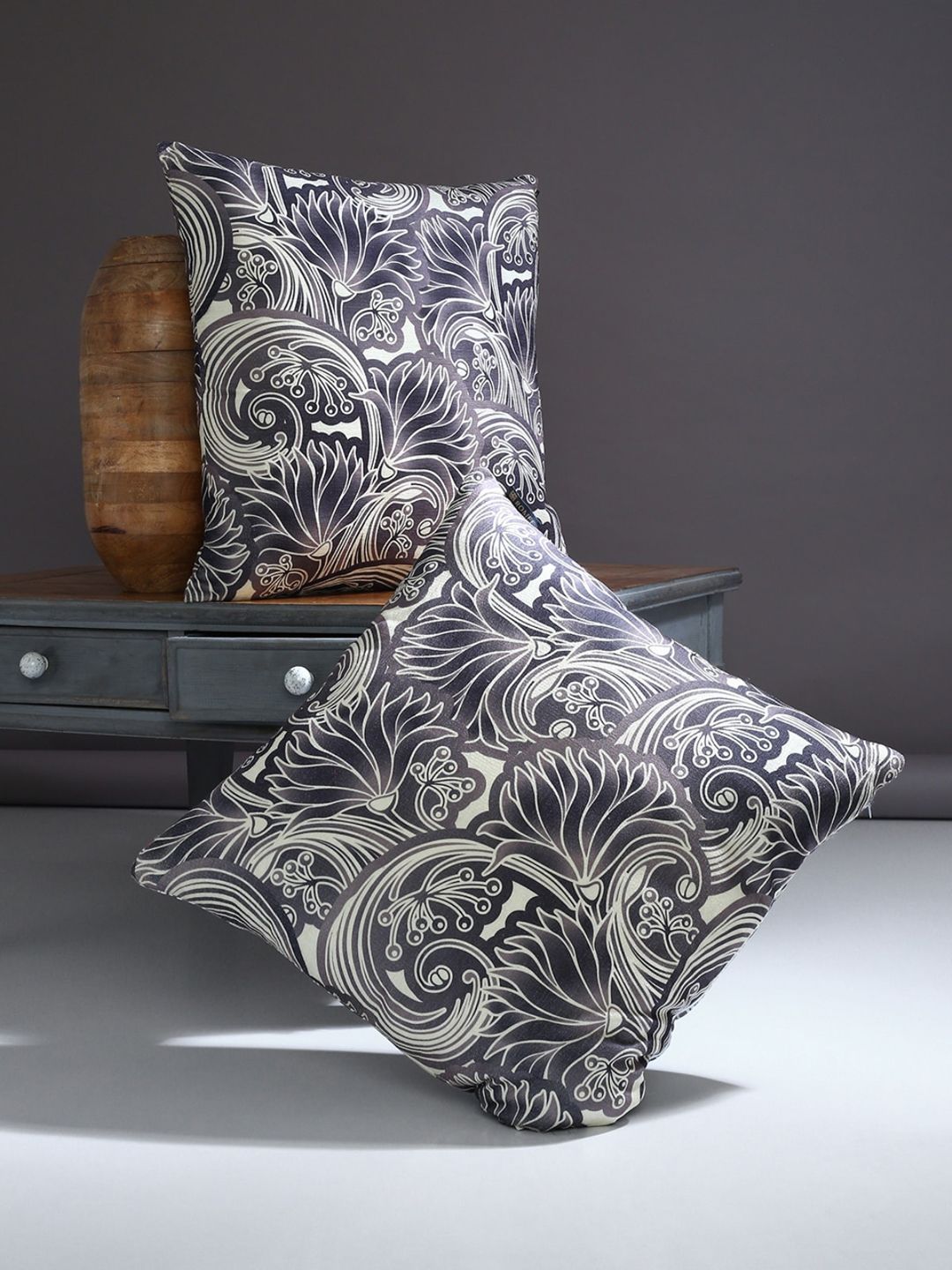 ROMEE Unisex Grey & Off-white Floral Printed Set of 2 Square Cushion Covers Price in India
