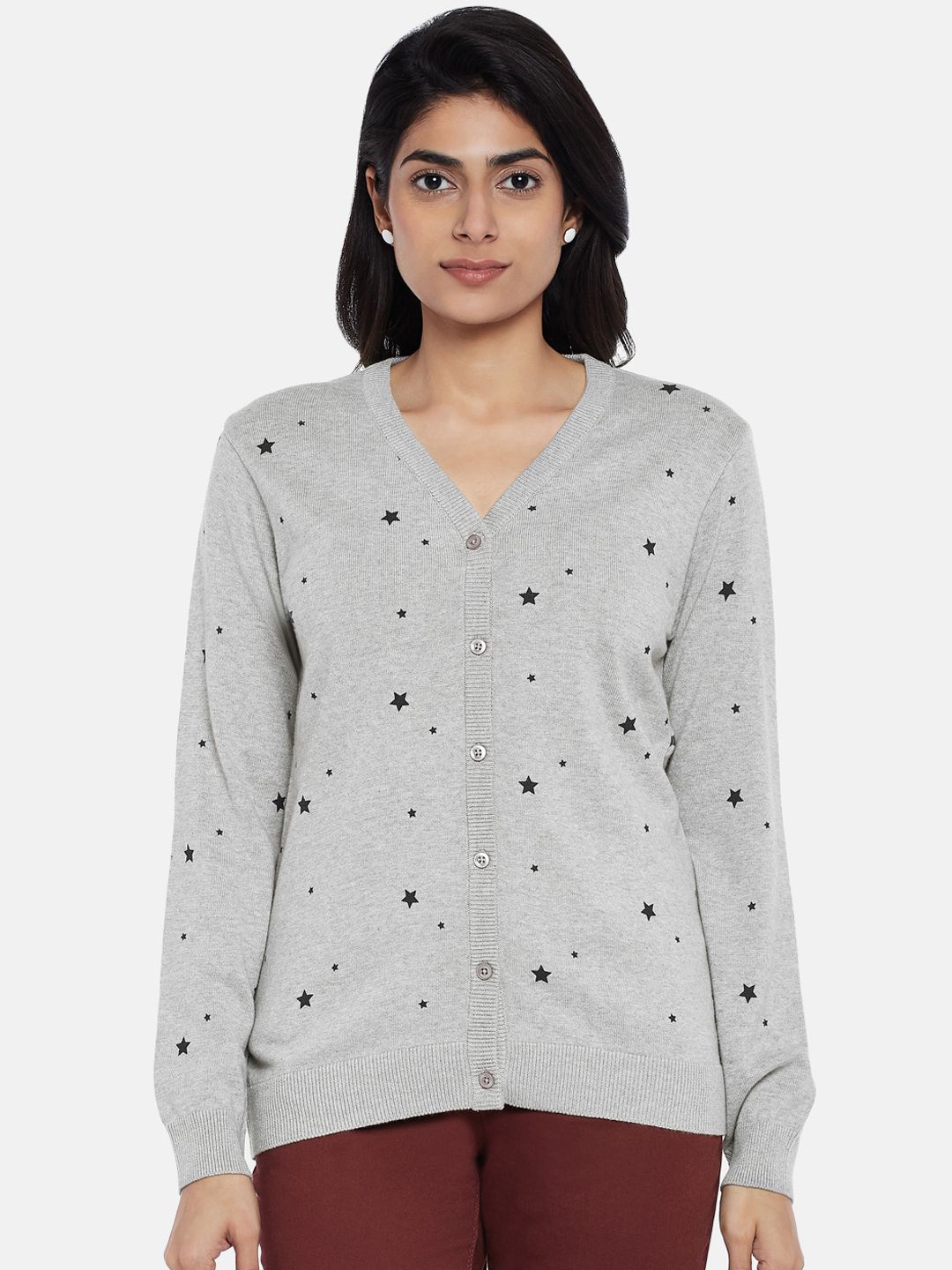 Honey by Pantaloons Women Grey Printed Cardigan Sweater Price in India