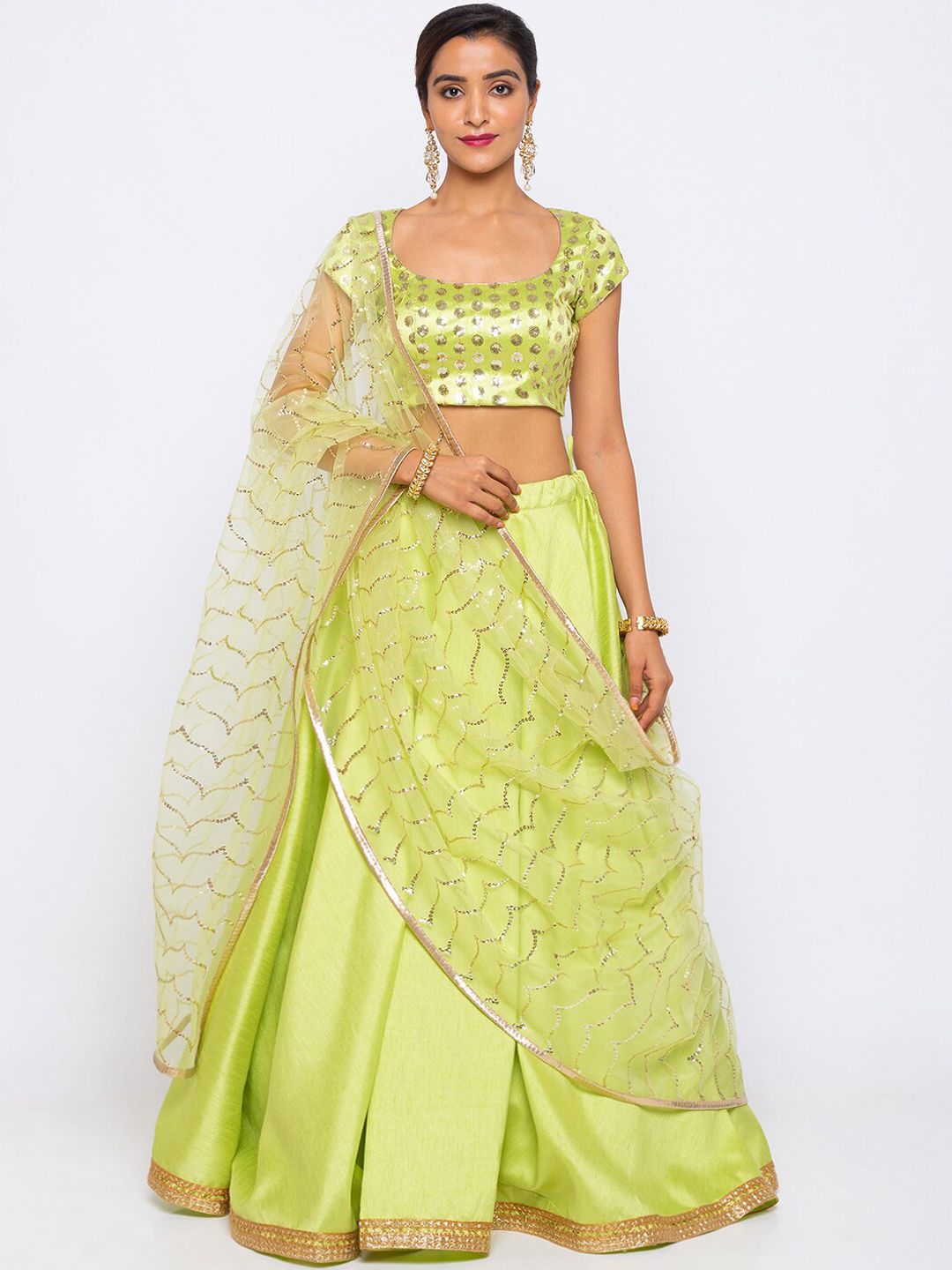 6Y COLLECTIVE Lime Green & Gold-Toned Embellished Semi-Stitched Lehenga & Unstitched Blouse with Dupatta