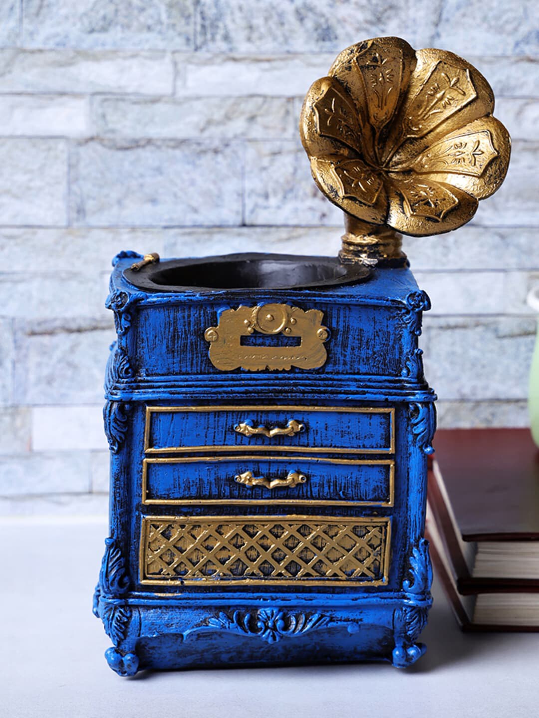 A Vintage Affair- Home Decor Blue Vintage Gramophone Cabinet Desk Organizer Price in India