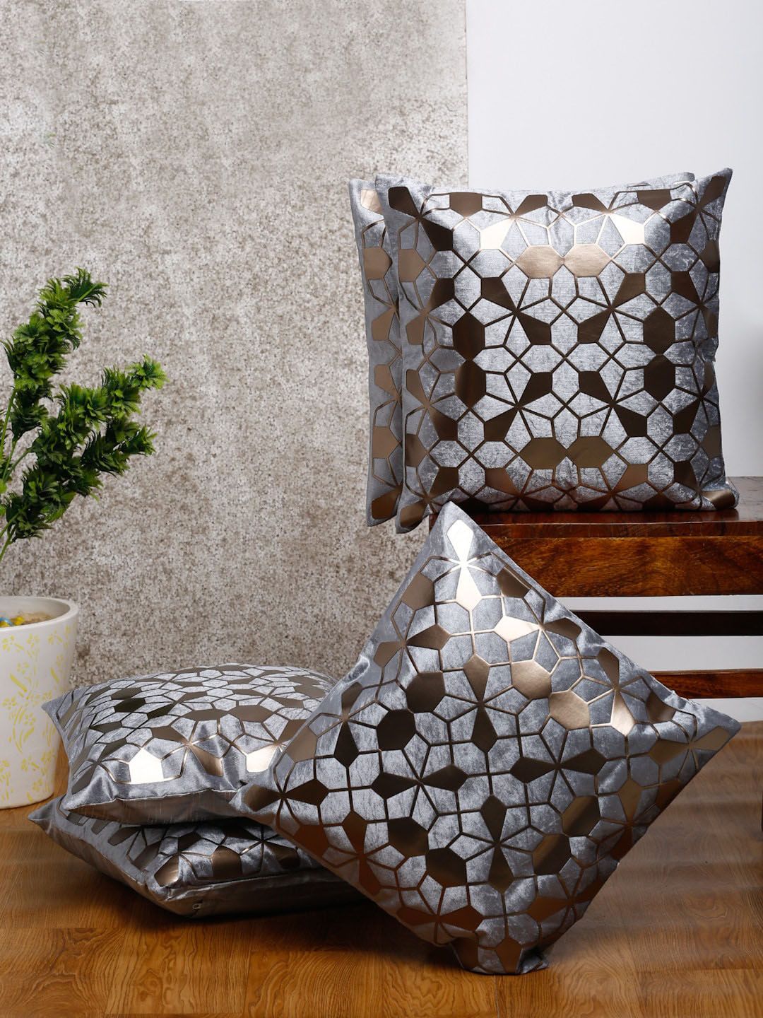 HOSTA HOMES Grey & Gold-Toned Set of 5 Embellished Square Cushion Covers Price in India