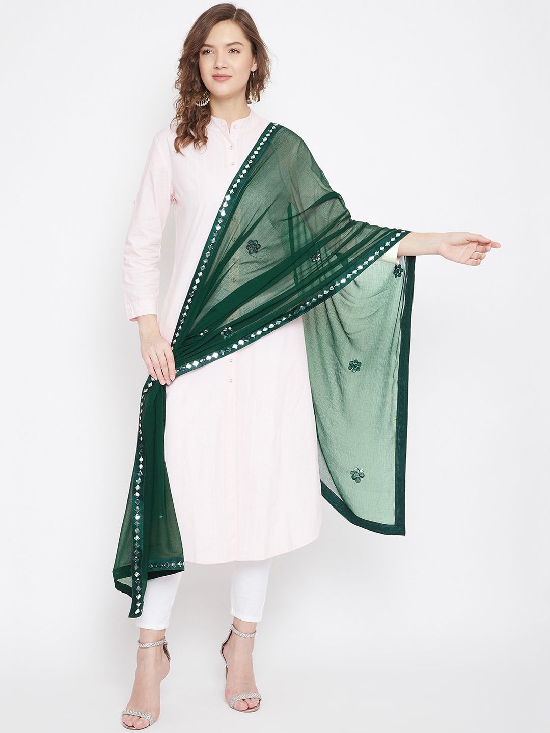 Clora Creation Green & Silver-Toned Solid Mirror Ornamented Dupatta Price in India