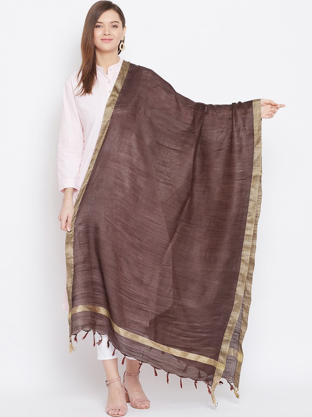 Clora Creation Coffee Brown & Gold-Toned Solid Dupatta Price in India