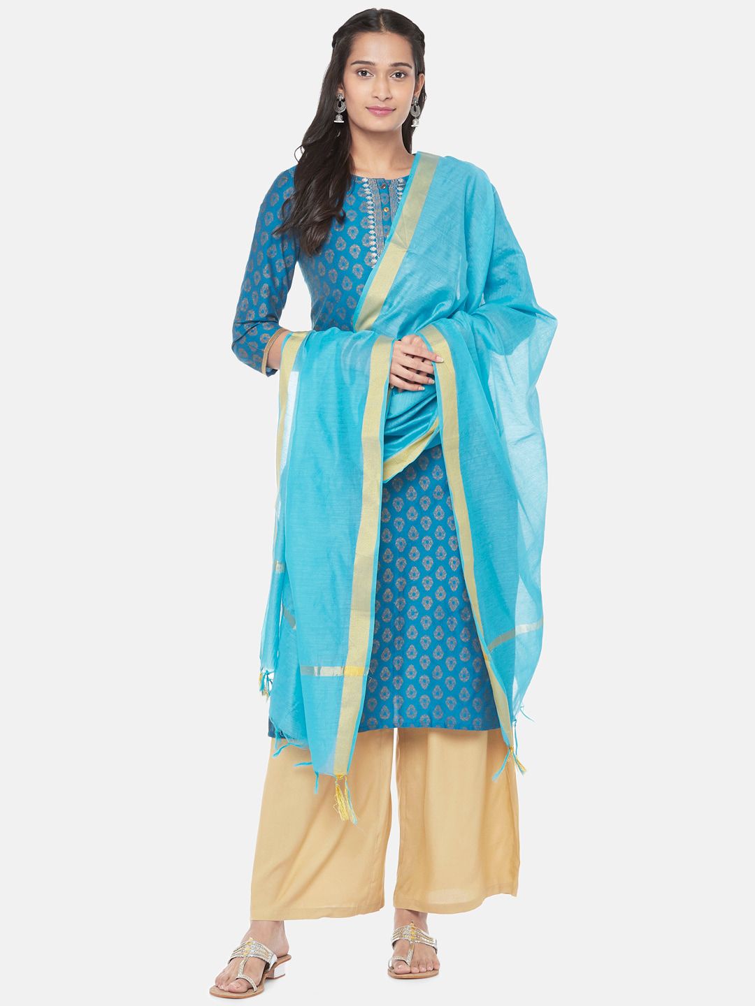 Ethnicity Turquoise Blue & Gold-Toned Solid Dupatta Price in India