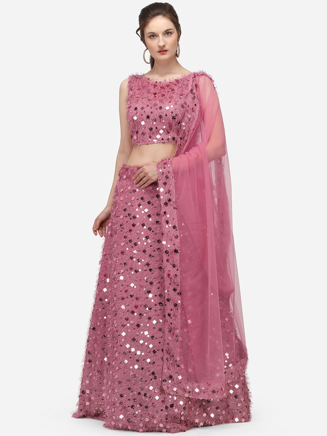 JATRIQQ Pink & Silver-Toned Embellished Semi-Stitched Lehenga & Unstitched Blouse with Dupatta