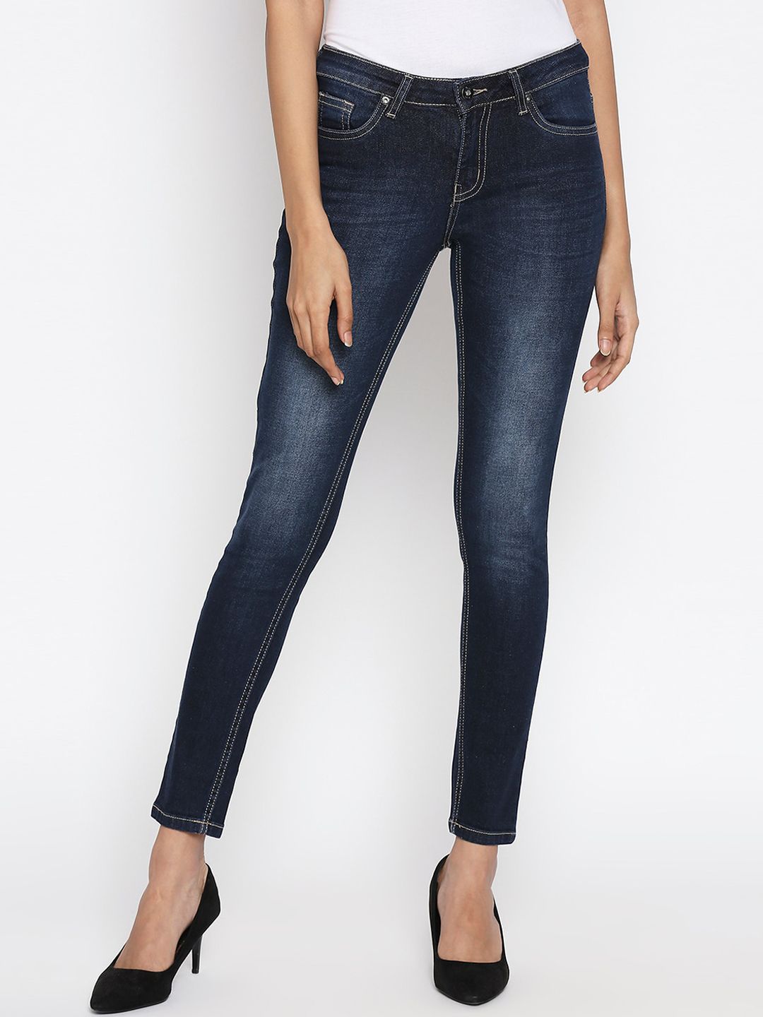People Women Navy Blue Tapered Fit Mid-Rise Cotton Clean Look Jeans Price in India