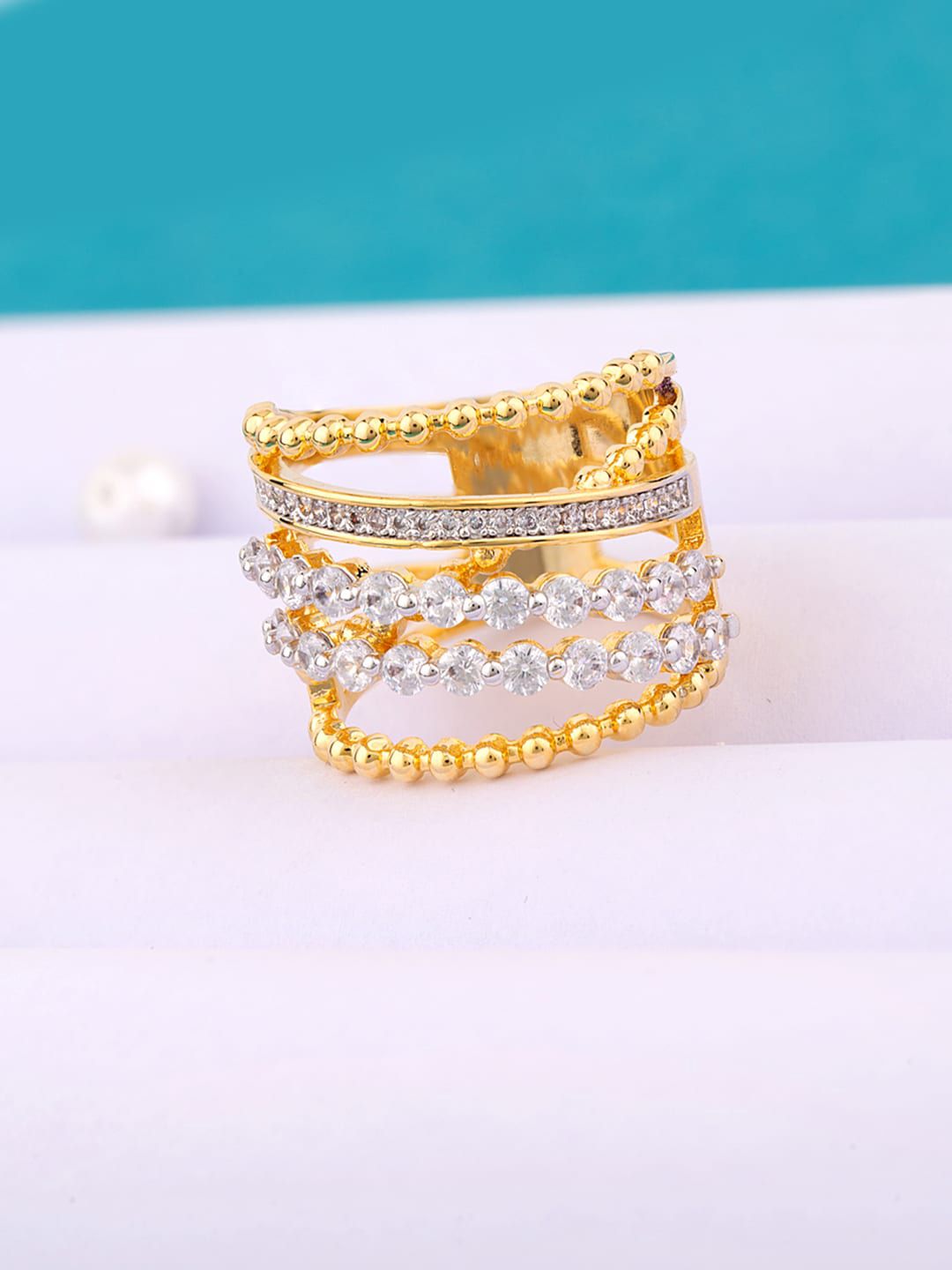 Studio Voylla Gold-Plated White CZ-Studded Chain Finger Ring Price in India