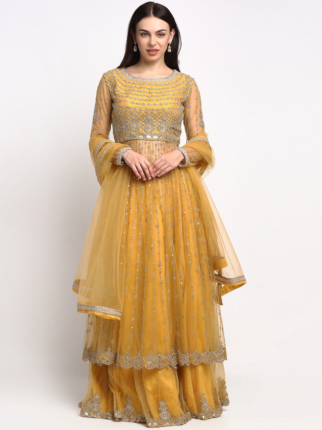 Stylee LIFESTYLE Yellow Net Semi-Stitched Dress Material Price in India