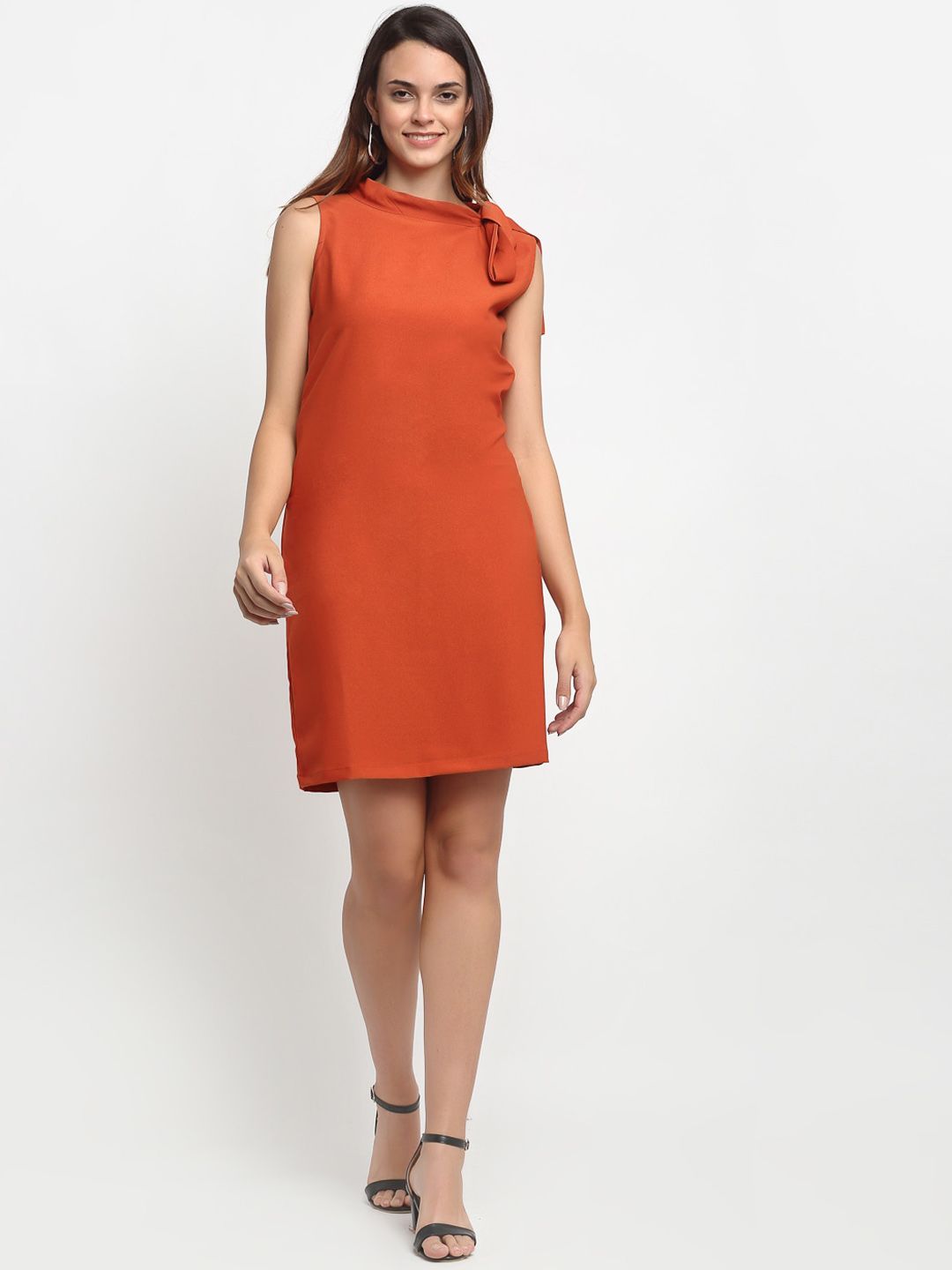 Aujjessa Women Rust Orange Solid Sheath Dress Price in India