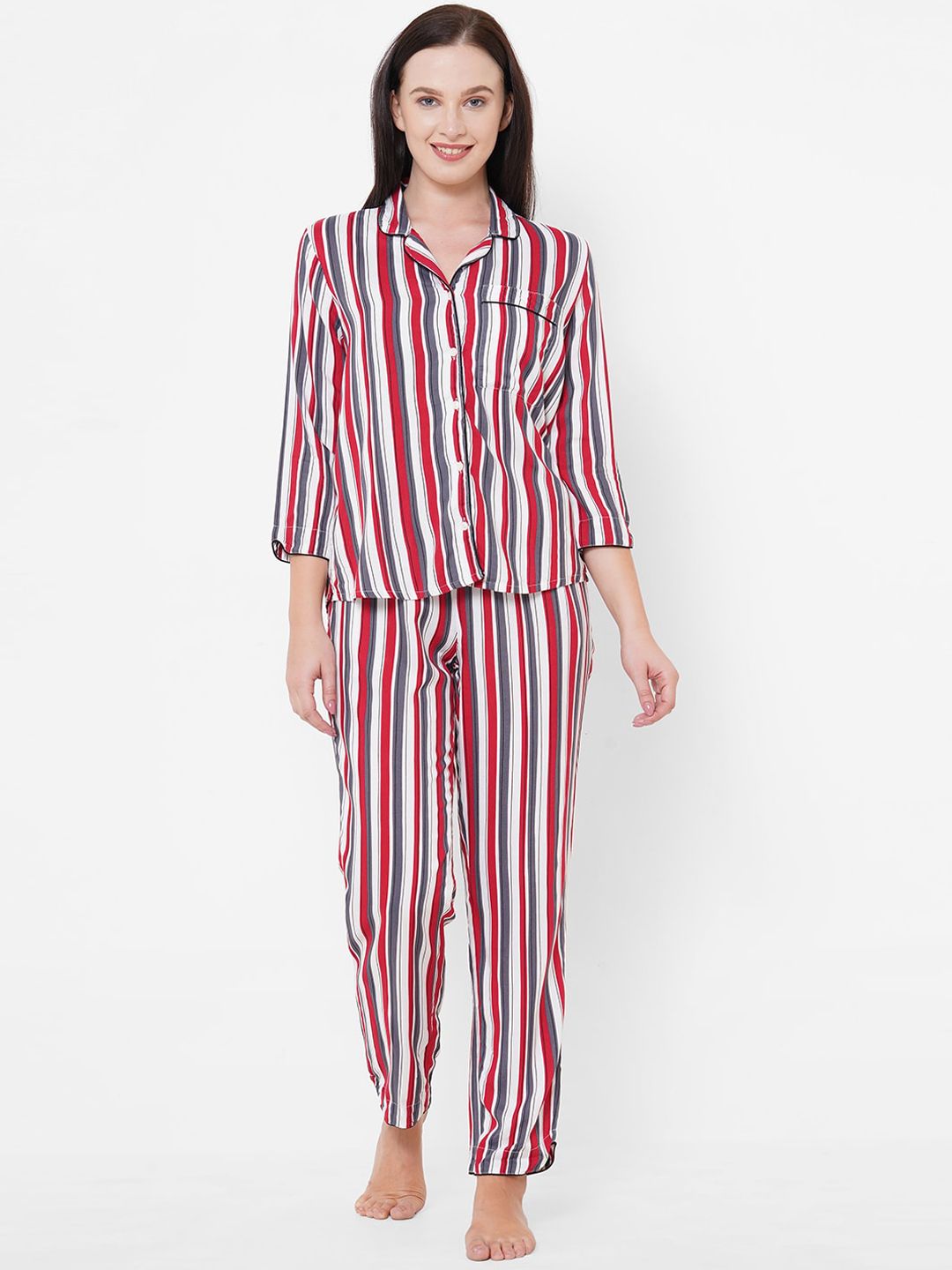 Mystere Paris Women White & Red Striped Night suit Price in India