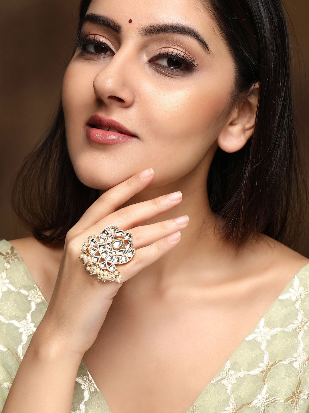 Rubans 24K Gold-Plated White Pearls & Kundan Studded Handcrafted Broad Ring Price in India