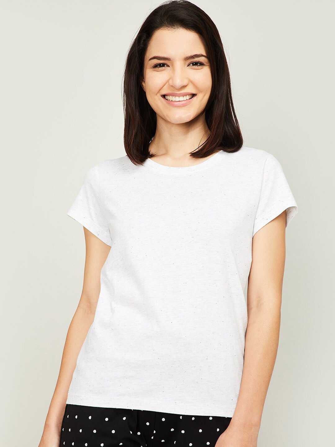 Ginger by Lifestyle Women White & Grey Melange Solid Lounge T-Shirt Price in India