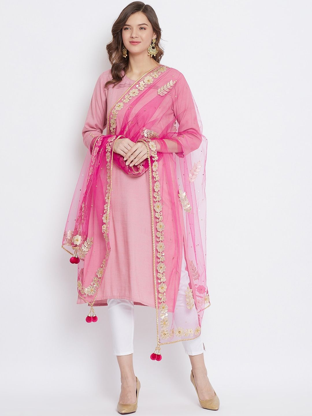 Clora Creation Pink & Gold-Toned Embroidered Dupatta Price in India