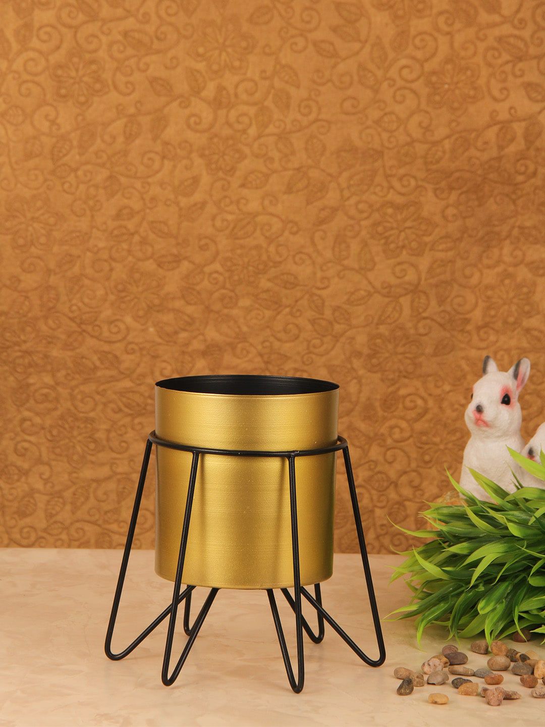 TIED RIBBONS Gold-Toned & Black Solid Metal Planter With Stand Price in India