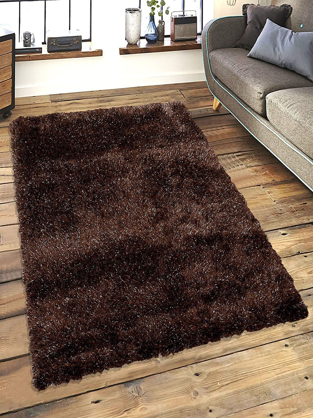 Saral Home Brown Solid Heavy Shaggy Anti-Skid Carpet Price in India