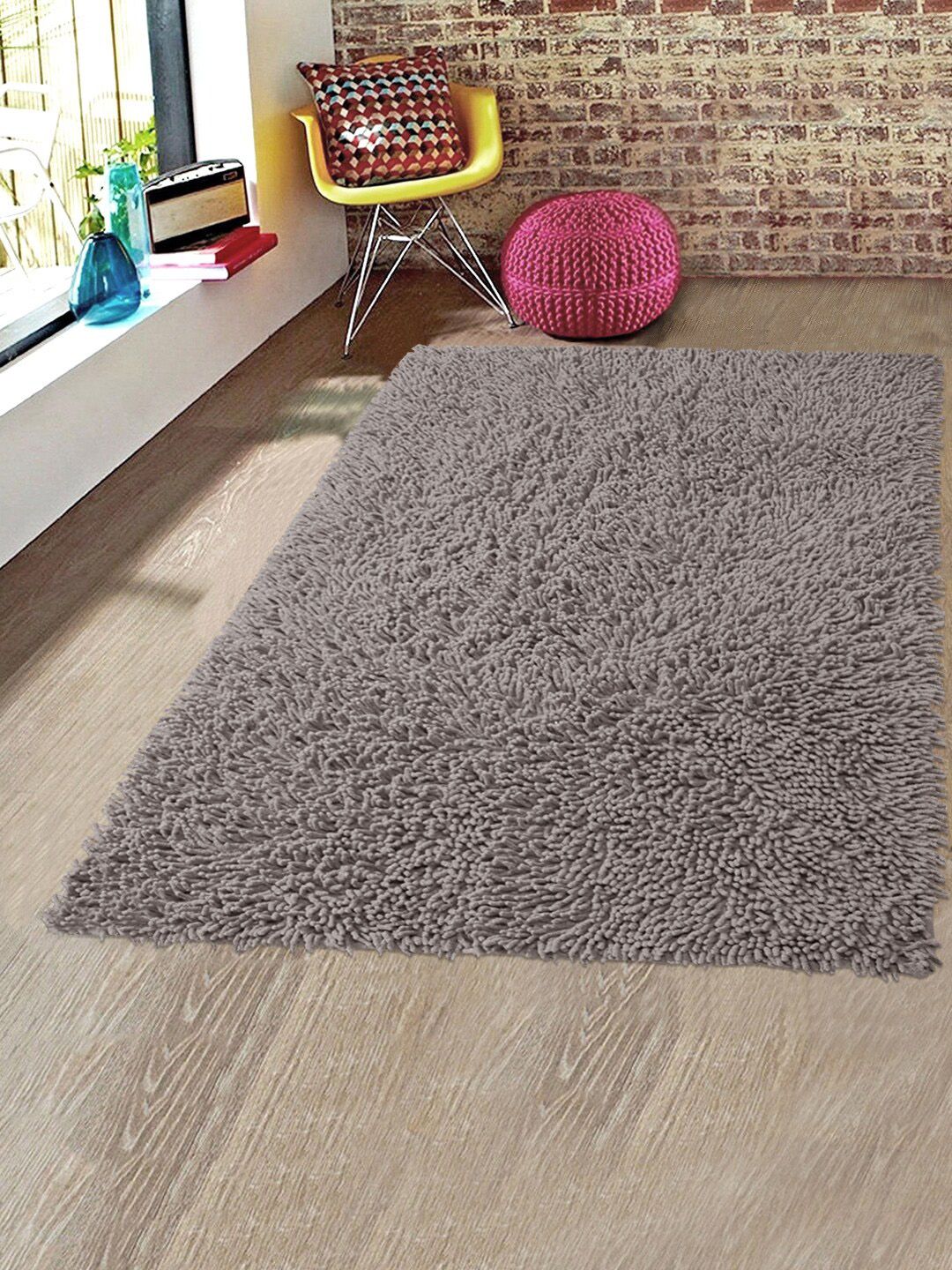 Saral Home Grey Solid Shaggy Anti-Skid Carpet Price in India