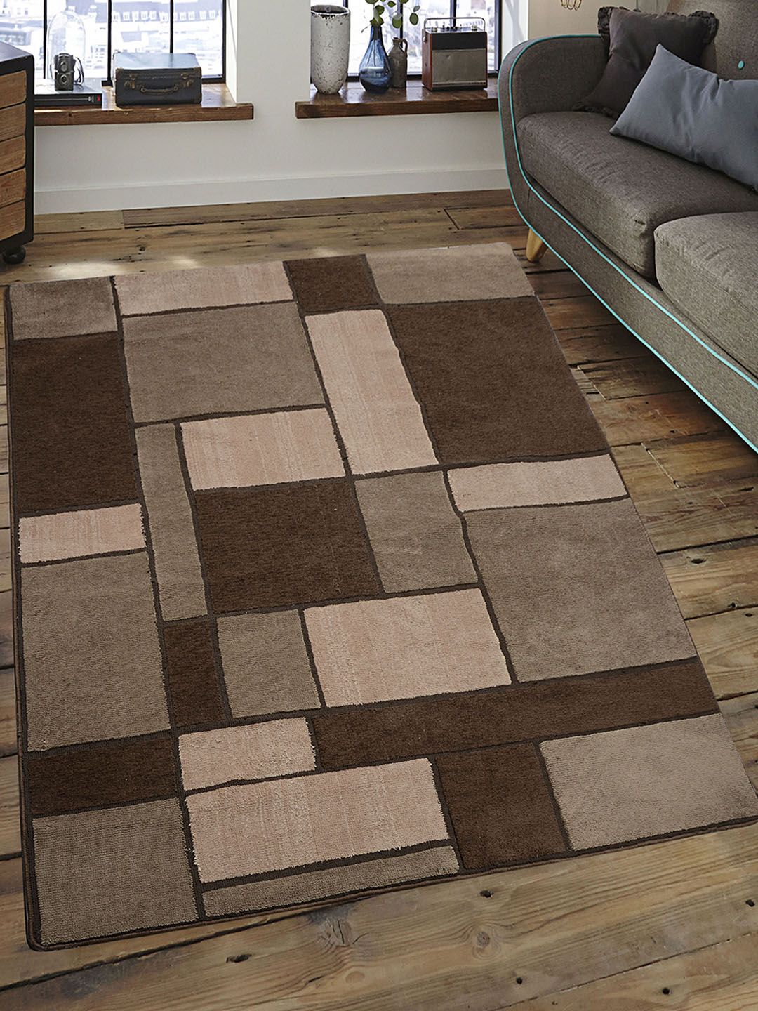 Saral Home Brown & Beige Geometric Microfiber Anti-Skid Carpet Price in India