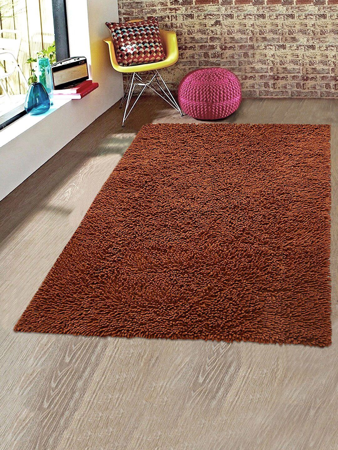 Saral Home Brown Solid Shaggy Anti-Skid Carpet Price in India