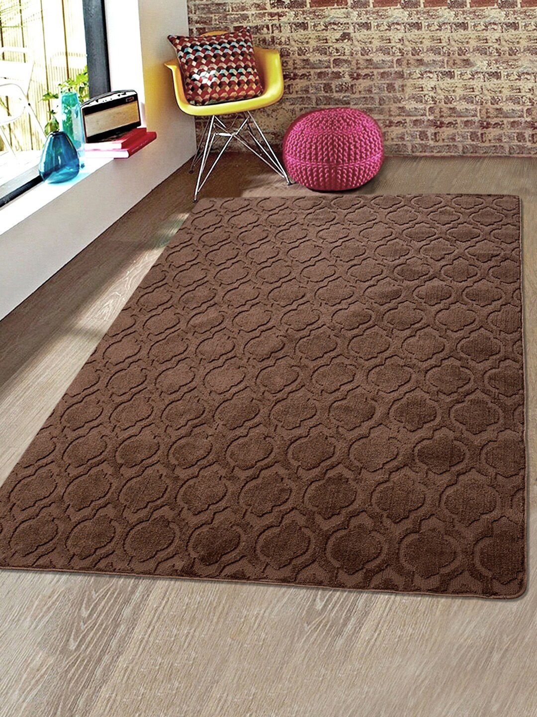 Saral Home Brown Self-Design Soft Microfiber Anti-Skid Carpet Price in India