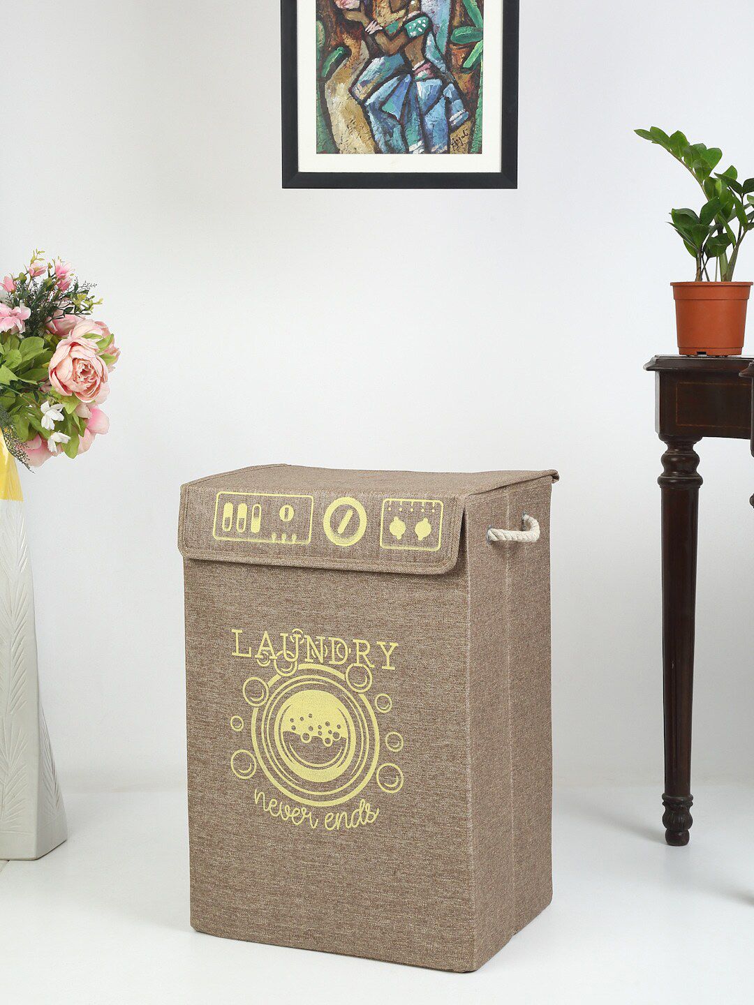 HOSTA HOMES Brown & Yellow Printed Foldable Laundry Hamper Price in India