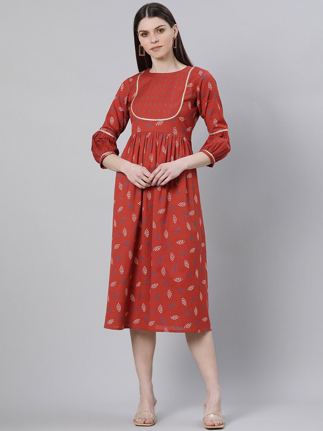 GERUA Women Rust Red Printed Empire Dress Price in India