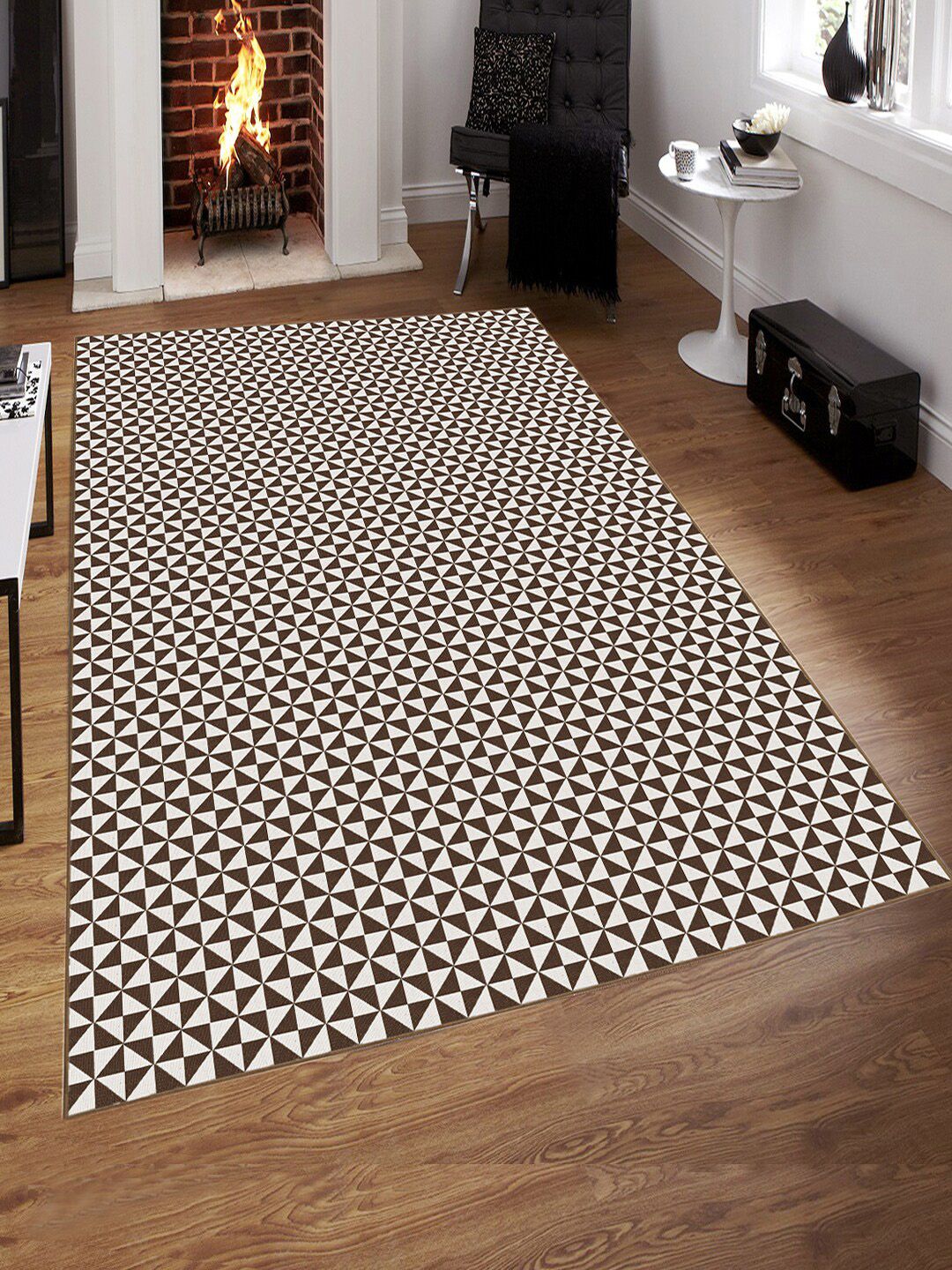 Saral Home Brown & White Geometric Printed Anti-Skid Carpet Price in India