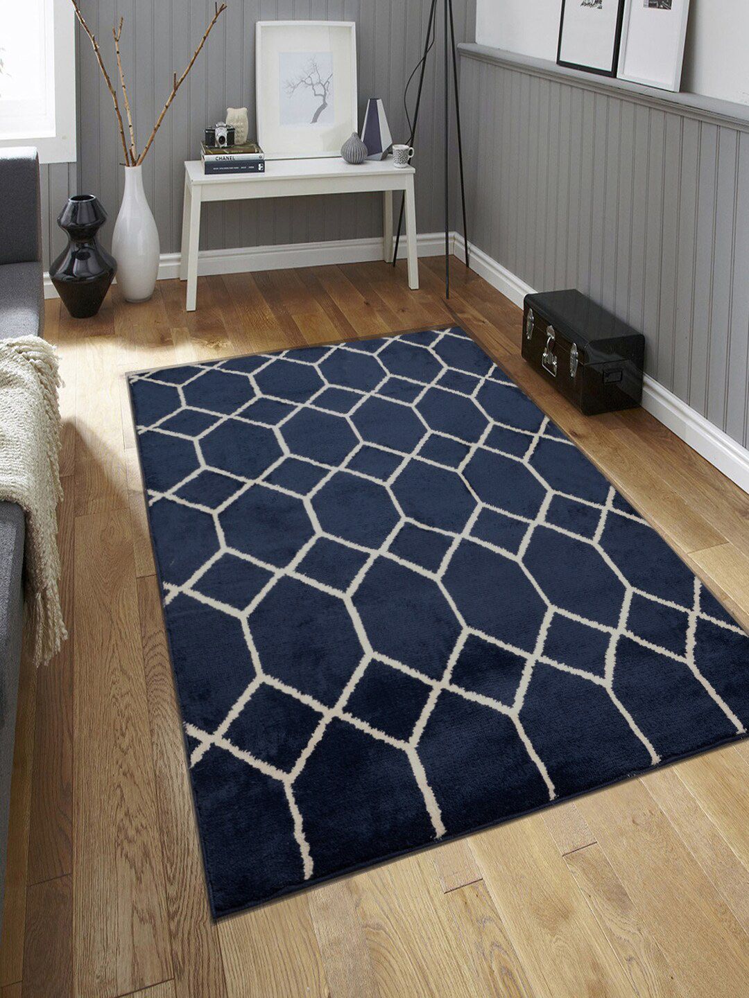 Saral Home Blue & White Geometric Microfiber Anti-Skid Carpet Price in India