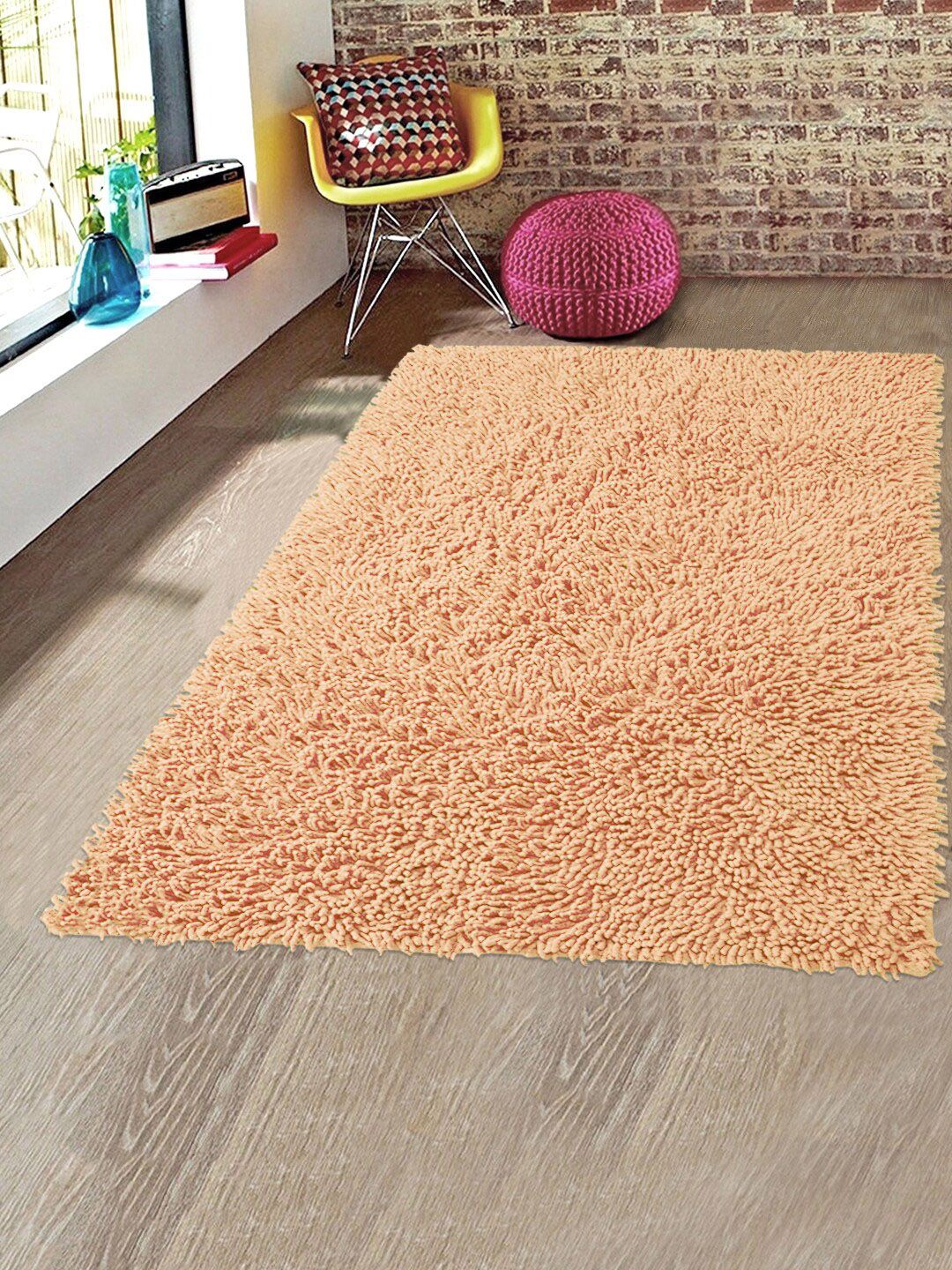 Saral Home Beige Solid Shaggy Anti-Skid Carpet Price in India