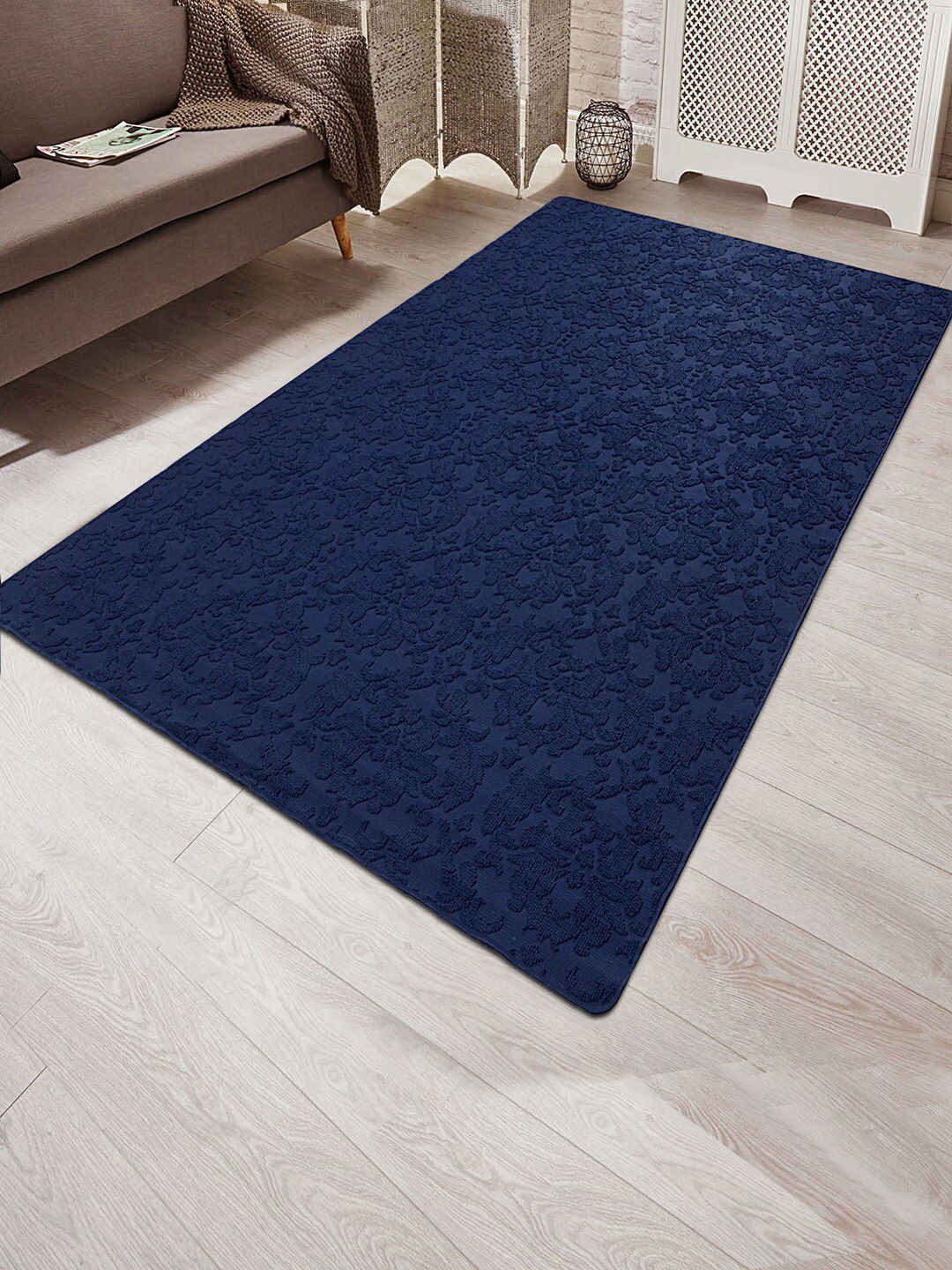 Saral Home Blue Self-Design Microfiber Anti-Skid Carpet Price in India