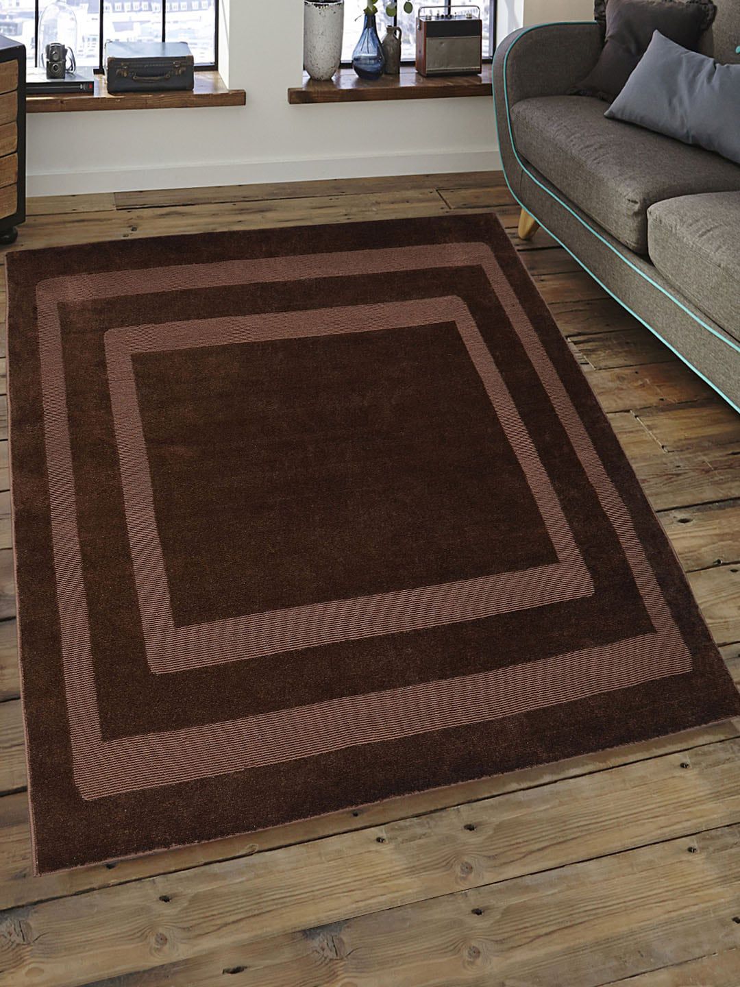 Saral Home Brown Geometric Pattern Anti-Skid Carpet Price in India