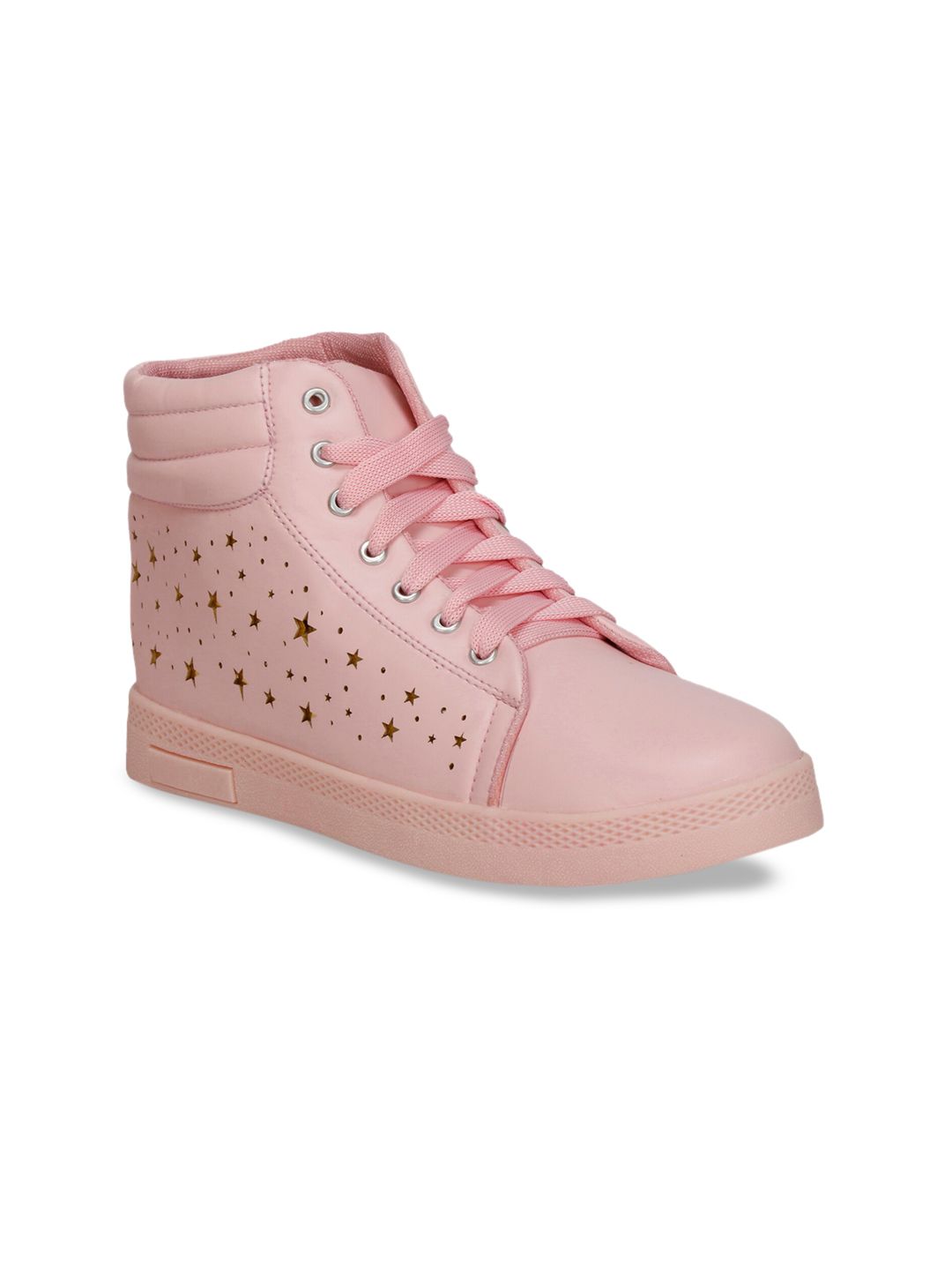 Denill Women Pink & Gold-Toned Textured Mid-Top Flat Boots Price in India