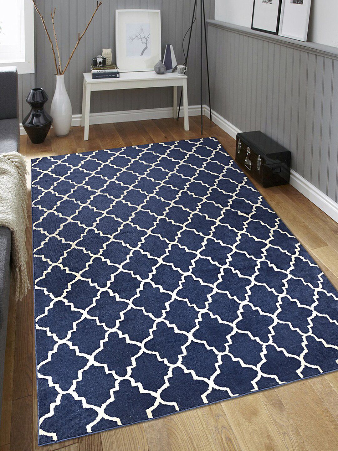 Saral Home Navy Blue & White Printed Microfiber Anti-Skid Carpet Price in India