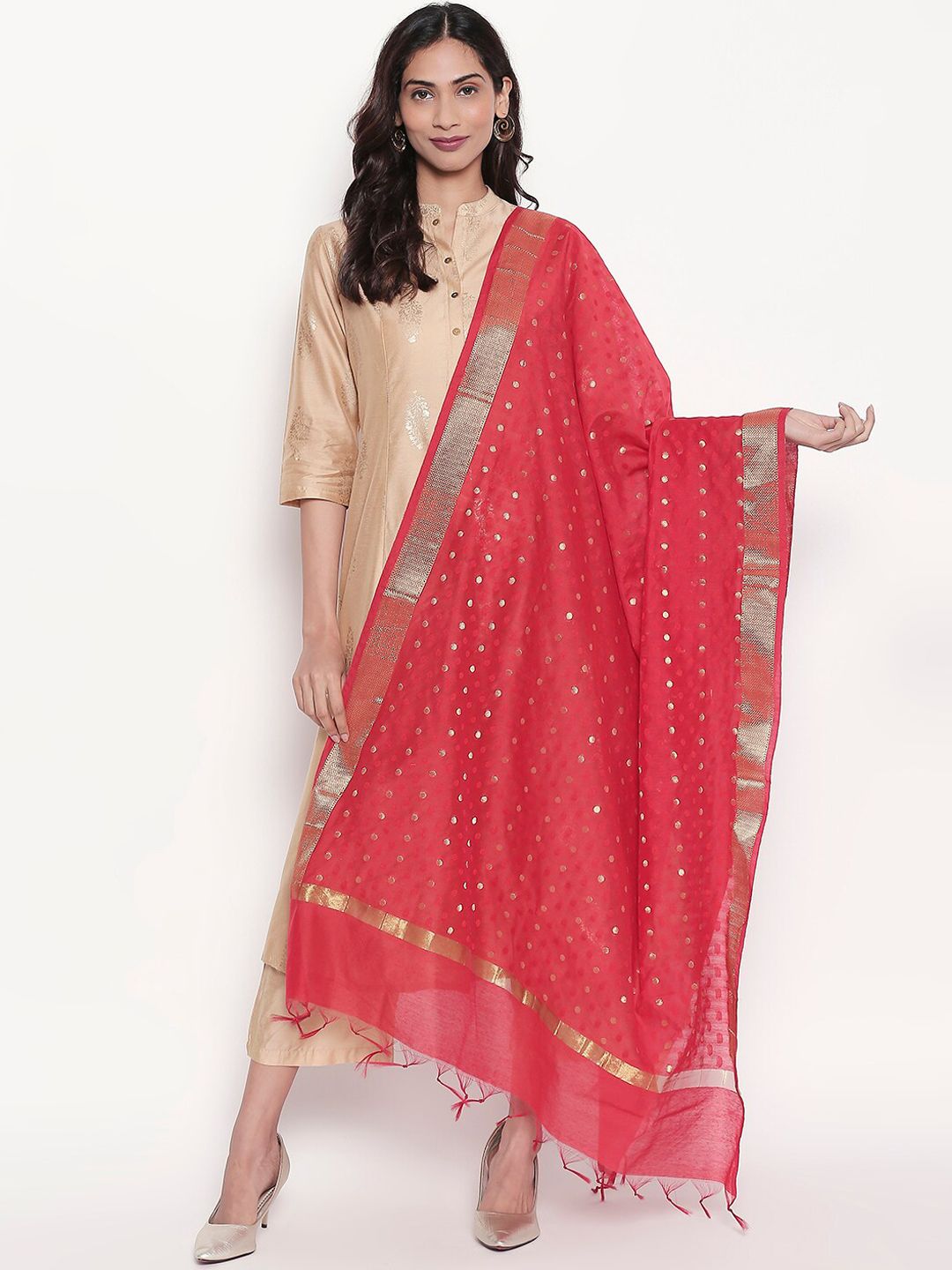 RANGMANCH BY PANTALOONS Red & Gold-Toned Woven Design Dupatta Price in India