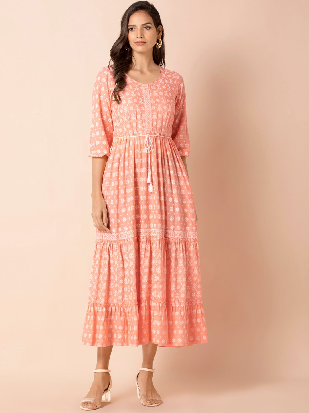 INDYA Women Orange Printed A-Line Dress